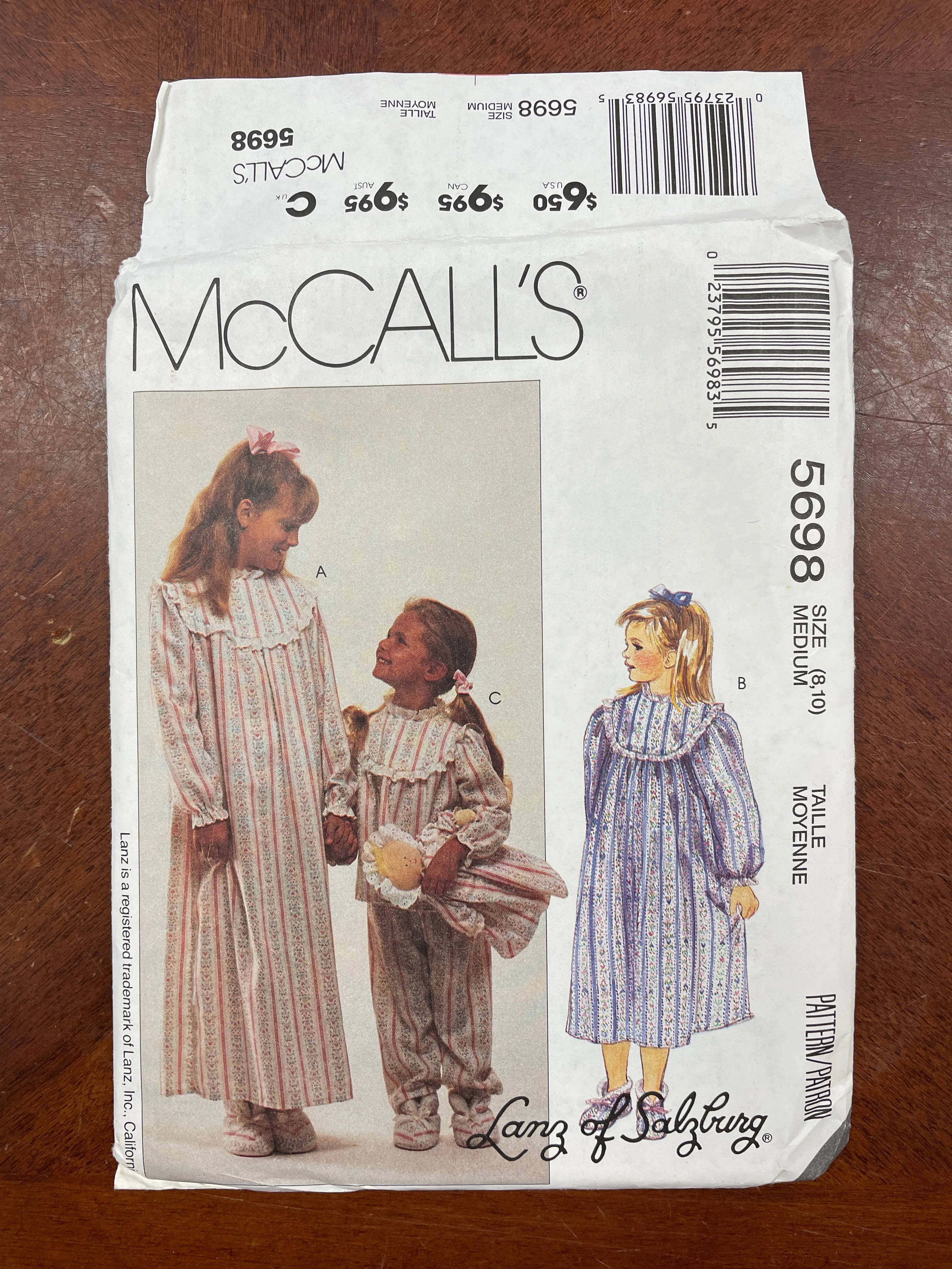 1991 McCall's 5698 Pattern - Childs Nightgown, Pajamas, Slippers and Doll FACTORY FOLDED