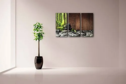 3 PANEL WALL ART GREEN SPA CONCEPT BAMBOO GROVE AND BLACK ZEN STONES ON THE OLD WOODEN BACKGROUND PAINTING PICTURES PRINT ON CANVAS BOTANICAL THE PICTURE FOR HOME MODERN DECORATION PIECE (STRETCHED BY WOODEN FRAME,READY TO HANG)