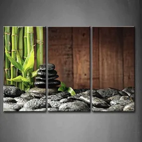 3 PANEL WALL ART GREEN SPA CONCEPT BAMBOO GROVE AND BLACK ZEN STONES ON THE OLD WOODEN BACKGROUND PAINTING PICTURES PRINT ON CANVAS BOTANICAL THE PICTURE FOR HOME MODERN DECORATION PIECE (STRETCHED BY WOODEN FRAME,READY TO HANG)