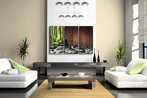 3 PANEL WALL ART GREEN SPA CONCEPT BAMBOO GROVE AND BLACK ZEN STONES ON THE OLD WOODEN BACKGROUND PAINTING PICTURES PRINT ON CANVAS BOTANICAL THE PICTURE FOR HOME MODERN DECORATION PIECE (STRETCHED BY WOODEN FRAME,READY TO HANG)