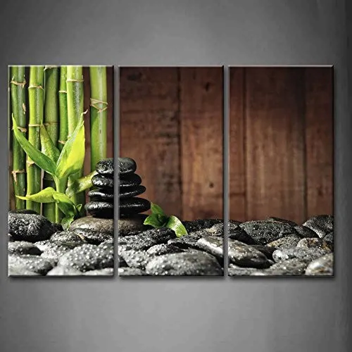 3 PANEL WALL ART GREEN SPA CONCEPT BAMBOO GROVE AND BLACK ZEN STONES ON THE OLD WOODEN BACKGROUND PAINTING PICTURES PRINT ON CANVAS BOTANICAL THE PICTURE FOR HOME MODERN DECORATION PIECE (STRETCHED BY WOODEN FRAME,READY TO HANG)