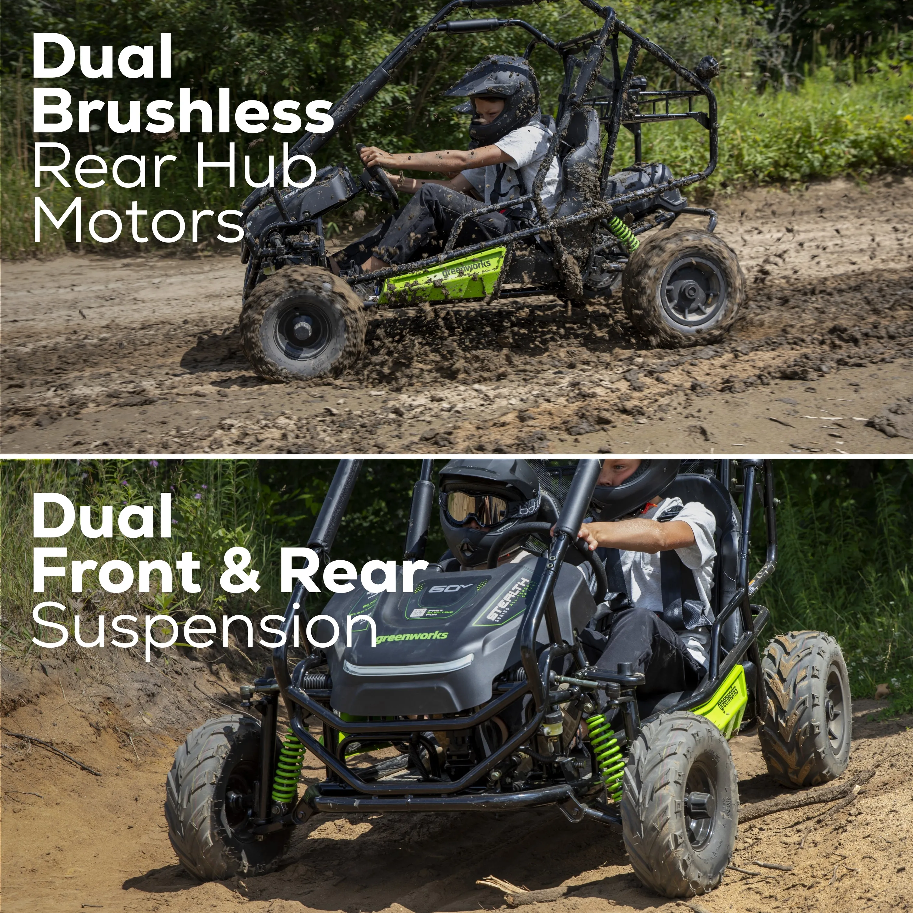 60V STEALTH Series All-Terrain 2-Seat Electric Youth Go-Kart w/ (2) 8Ah Batteries and Dual Port Charger