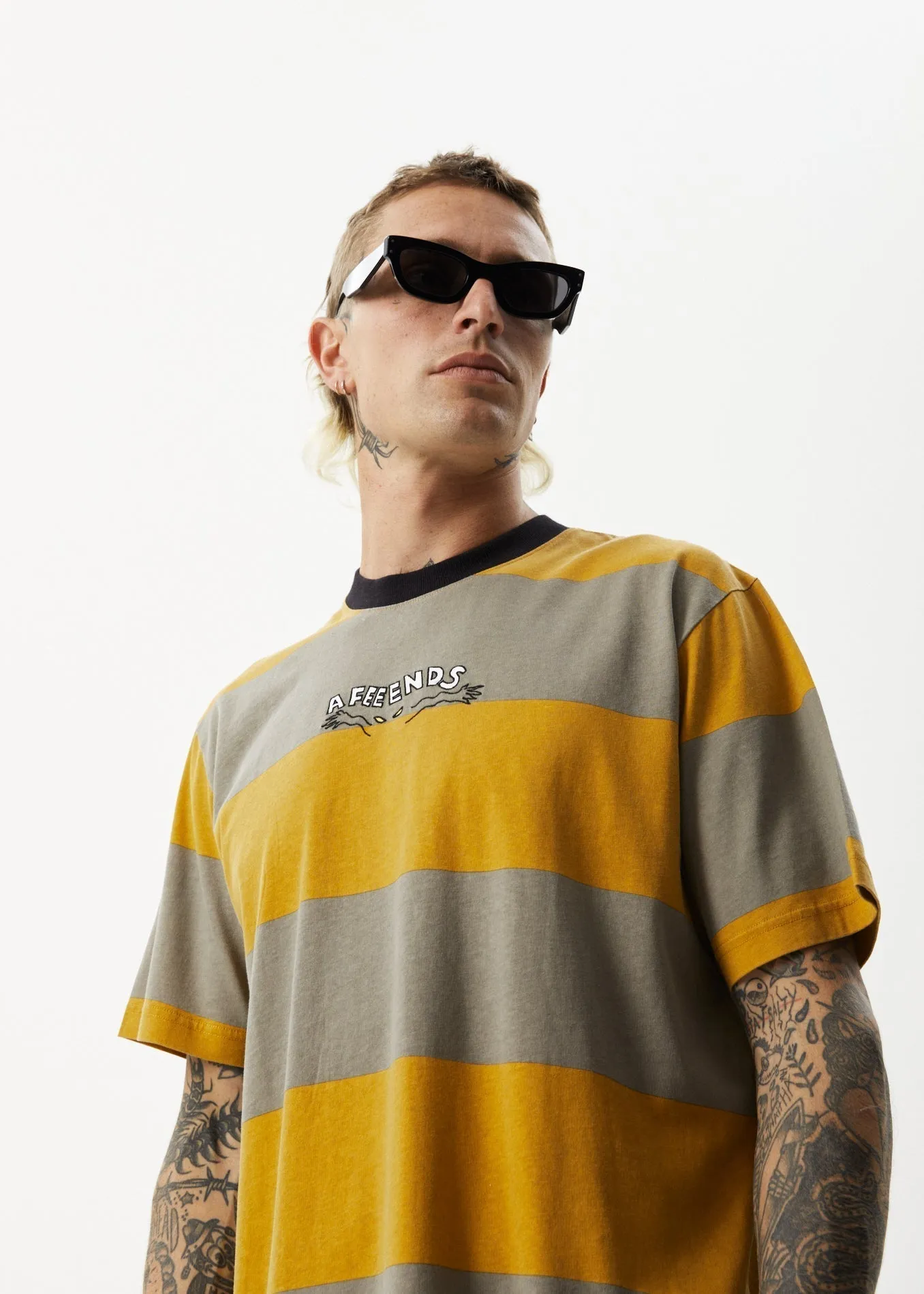AFENDS Mens Space - Stripes Retro Logo T-Shirt - Mustard Stripe