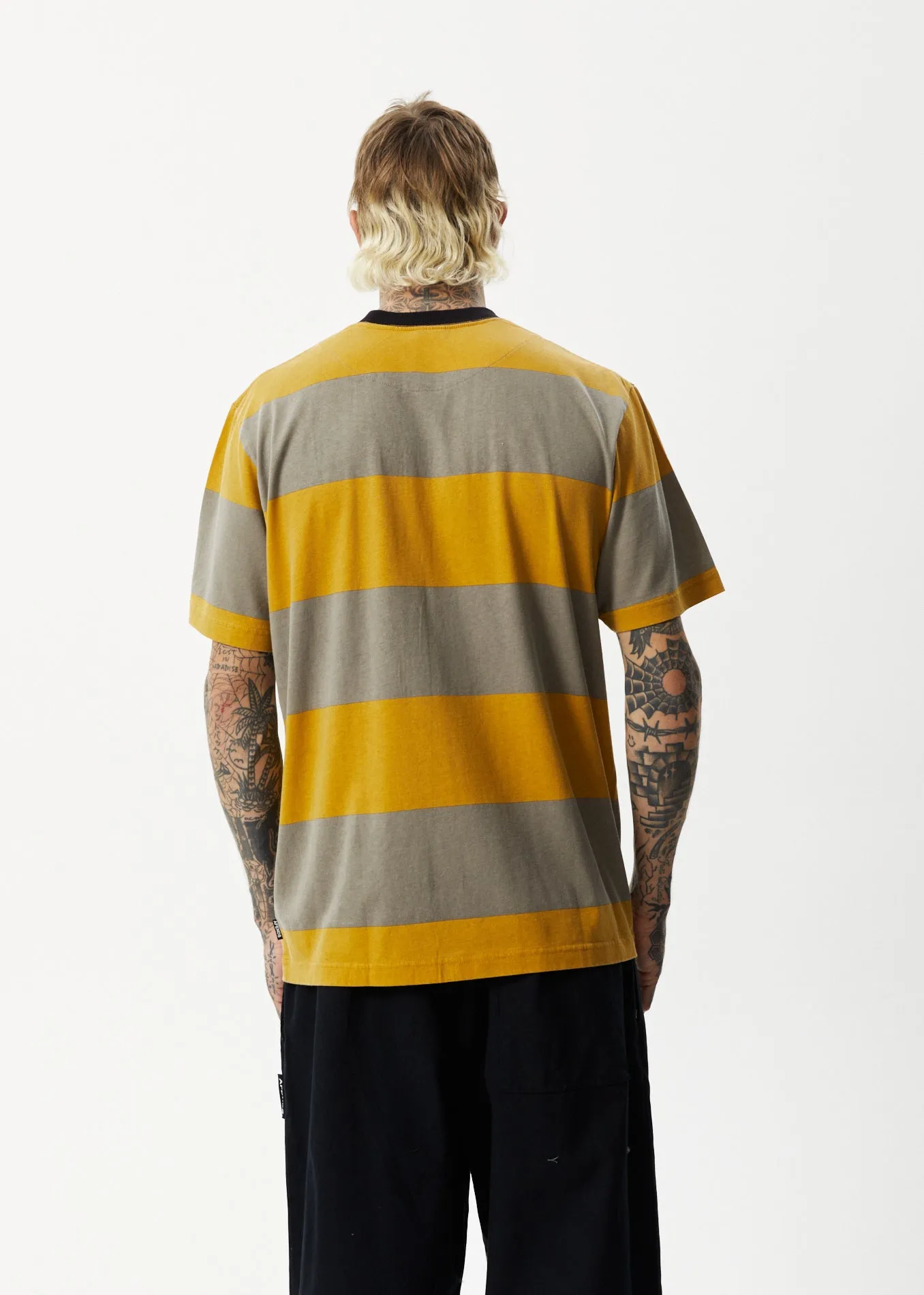 AFENDS Mens Space - Stripes Retro Logo T-Shirt - Mustard Stripe