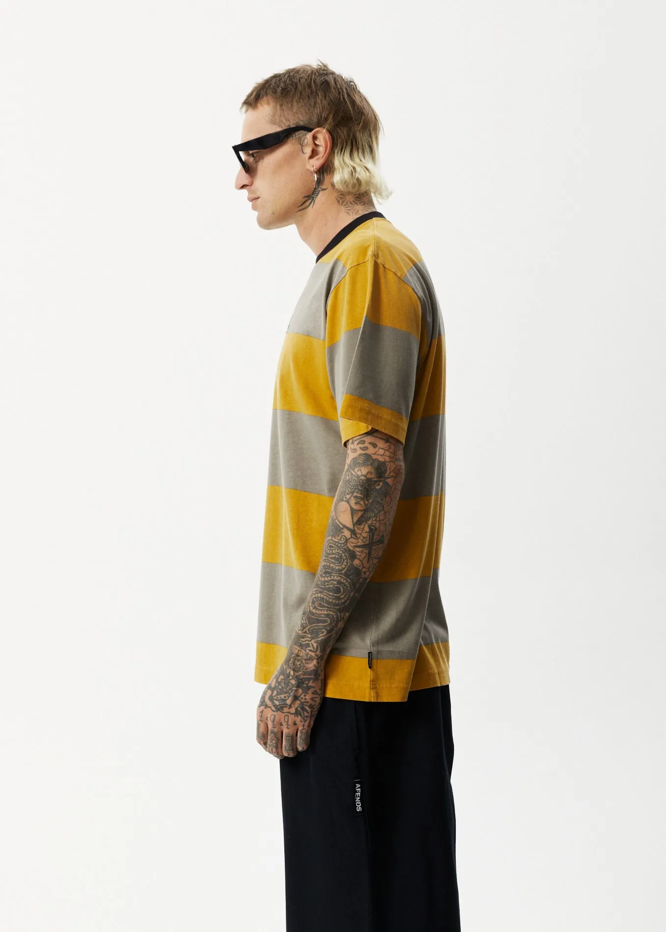 AFENDS Mens Space - Stripes Retro Logo T-Shirt - Mustard Stripe