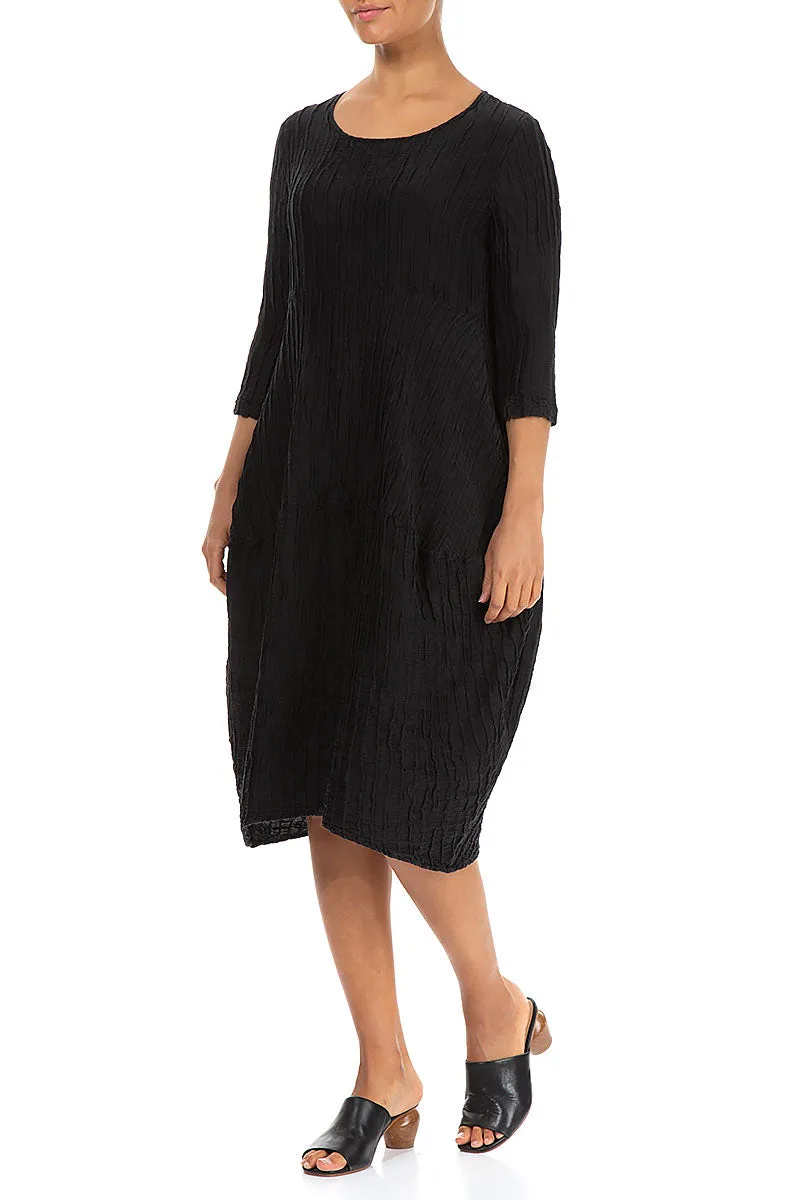 Balloon Crinkled Black Silk Linen Dress