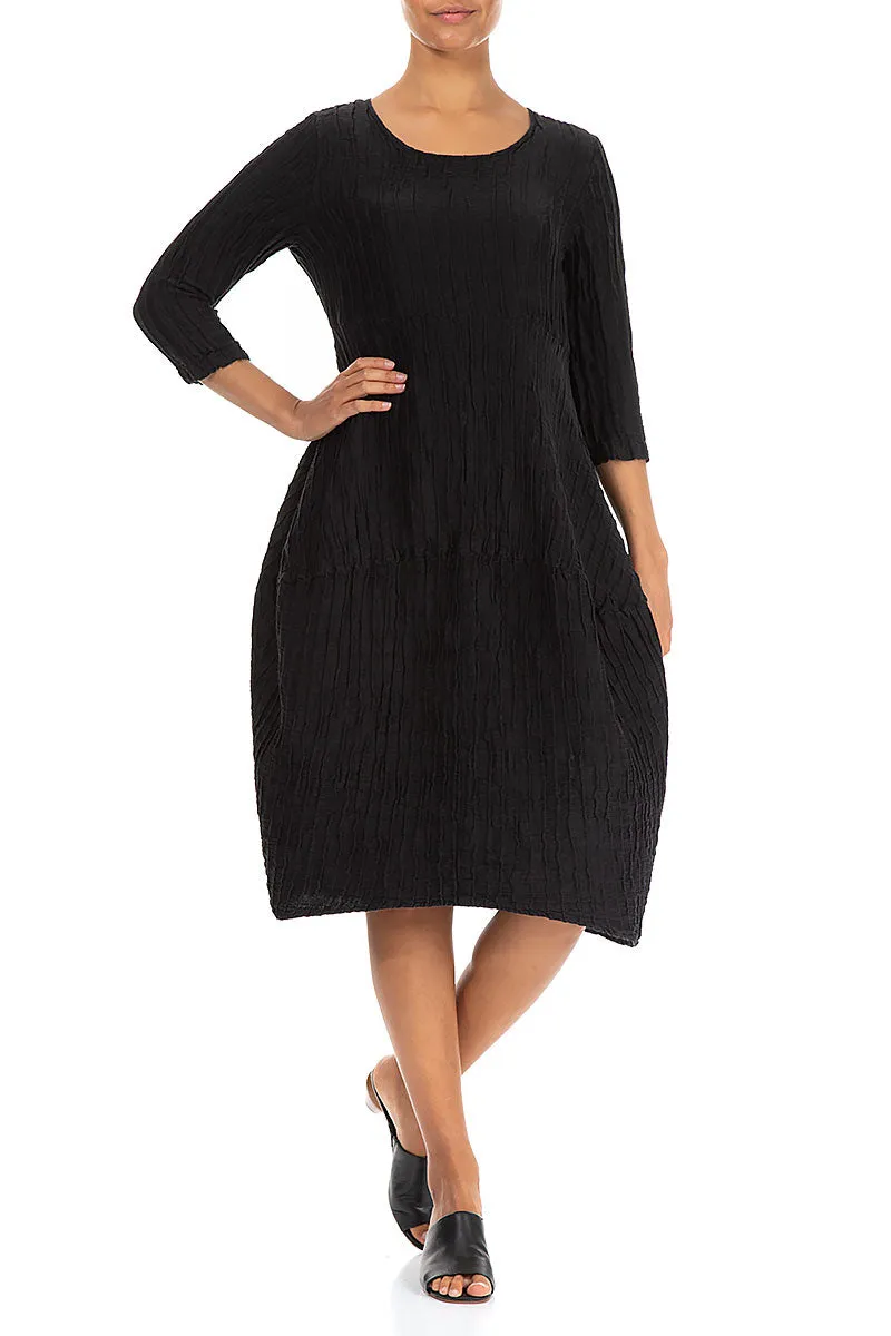 Balloon Crinkled Black Silk Linen Dress