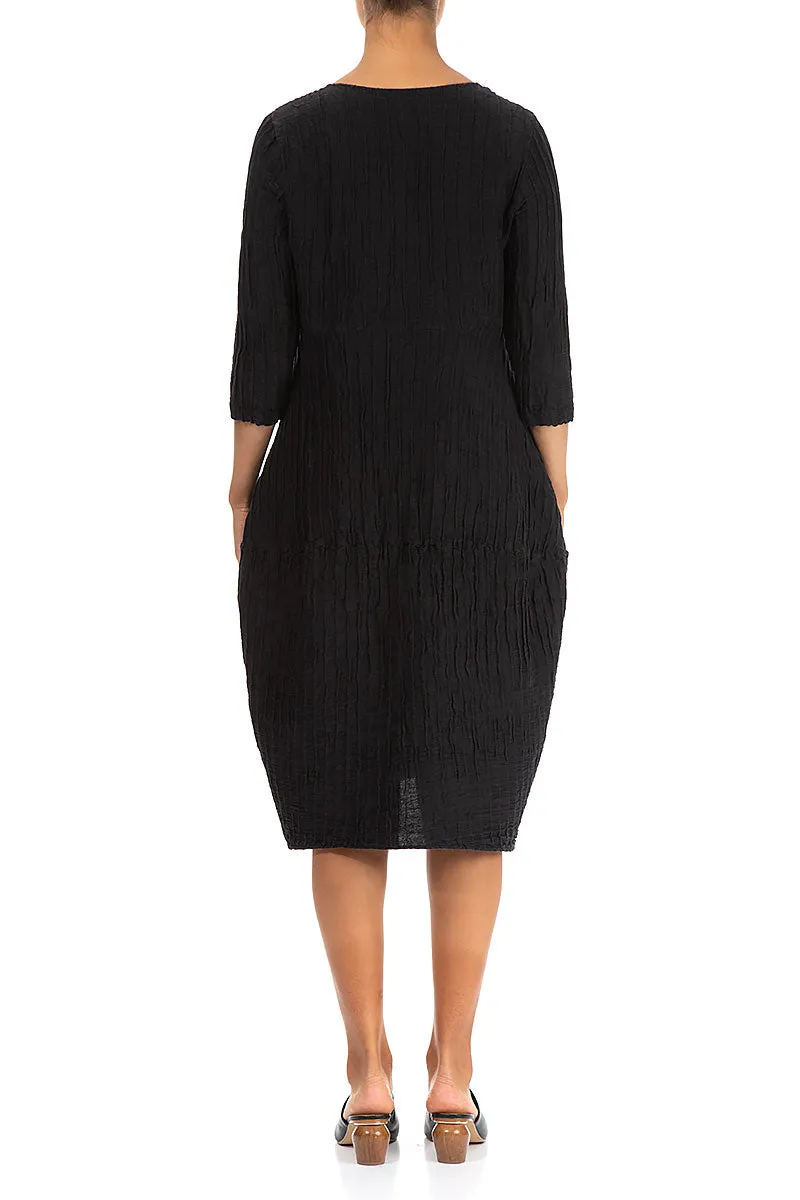Balloon Crinkled Black Silk Linen Dress