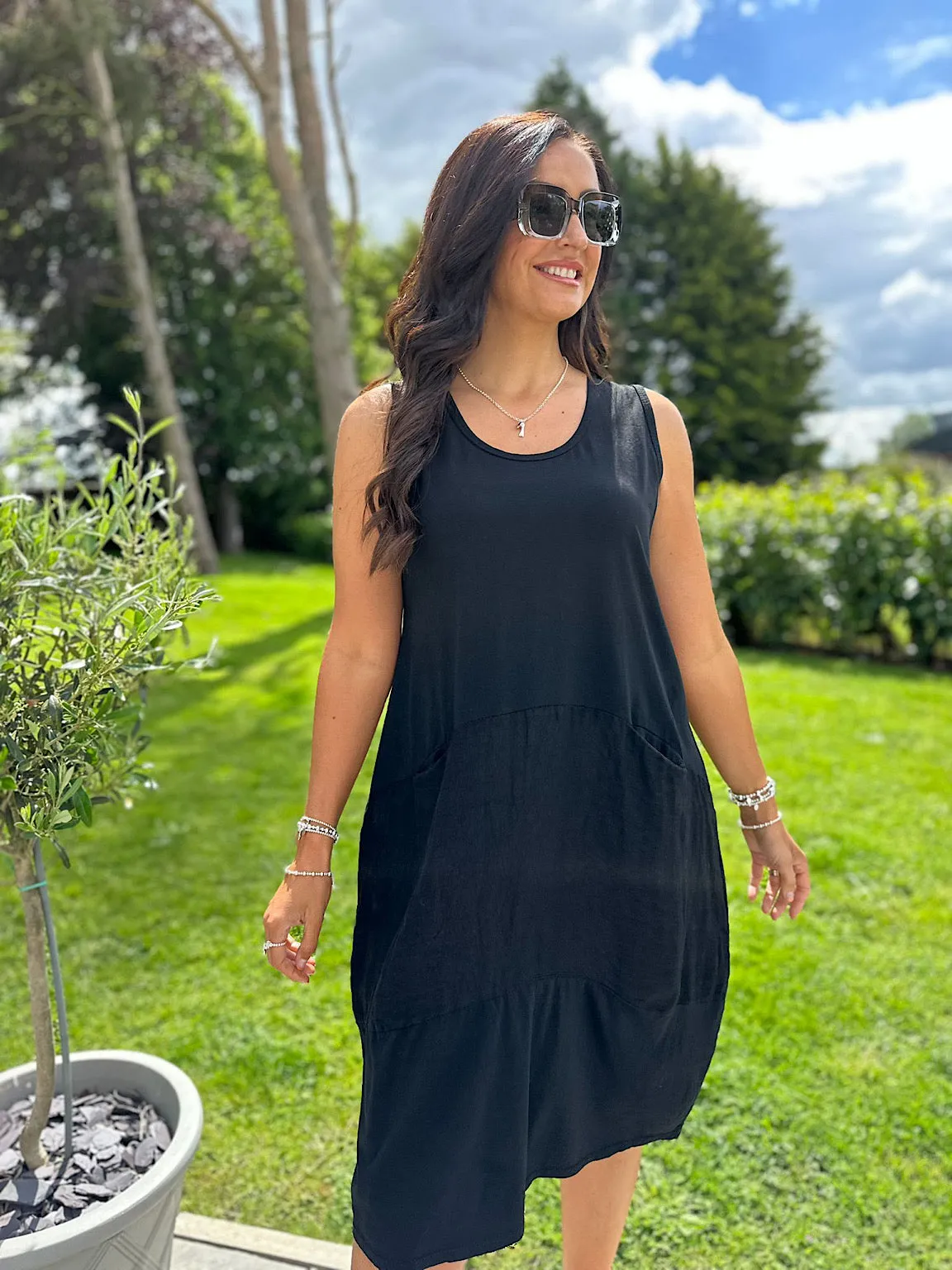 Black Linen Blend Panel Pocket Dress Amira