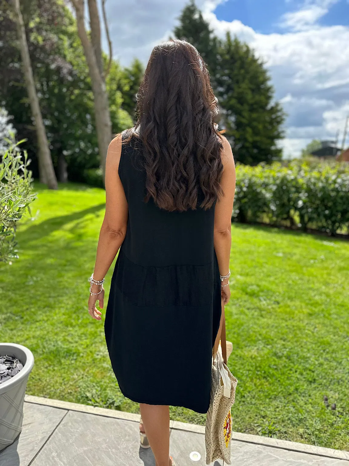 Black Linen Blend Panel Pocket Dress Amira