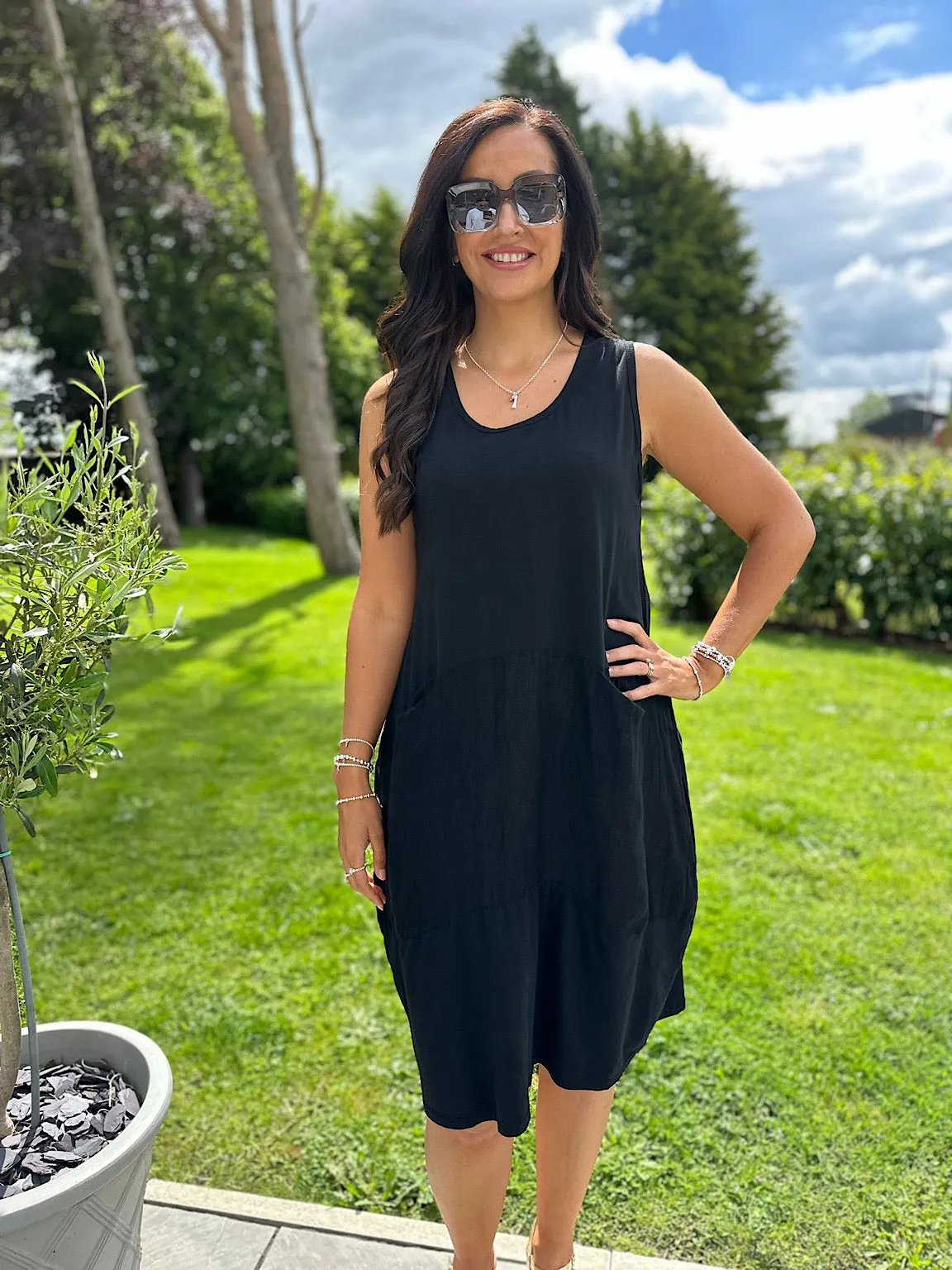 Black Linen Blend Panel Pocket Dress Amira