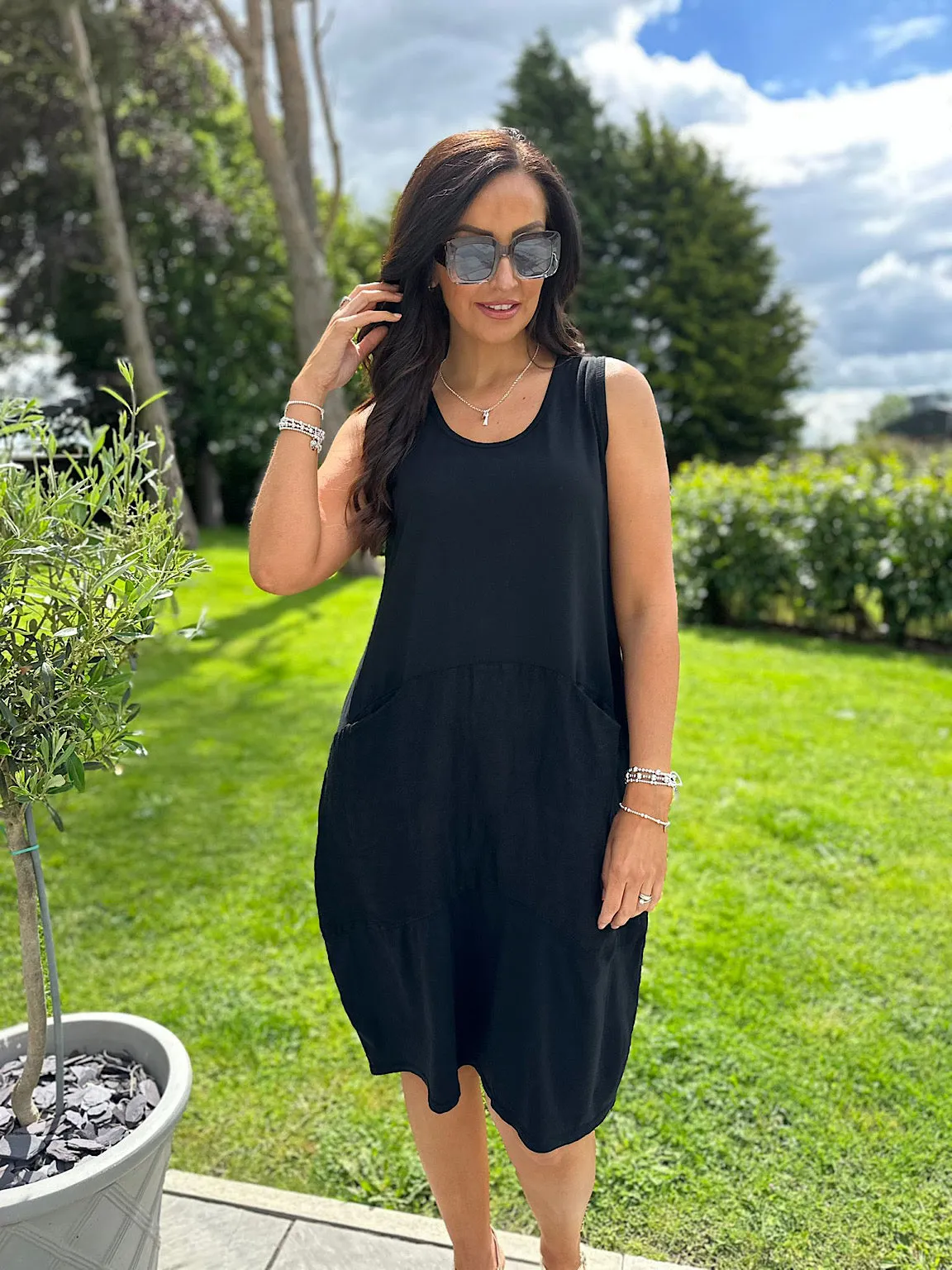 Black Linen Blend Panel Pocket Dress Amira