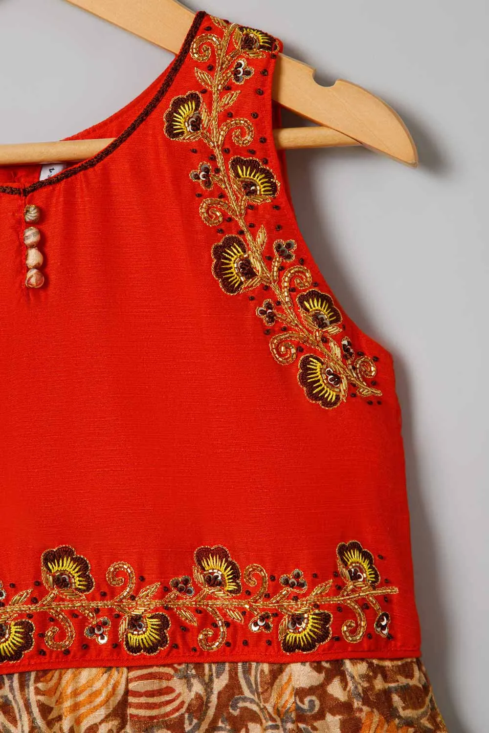 Chittythalli Ethnic Frock with Round Neck Cape Sleeve - Orange & Brown - FR43