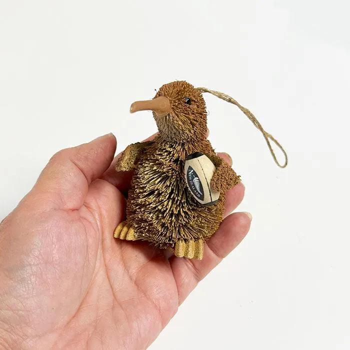 Cute Brush Kiwi Bird Xmas Ornament with Rugby Ball