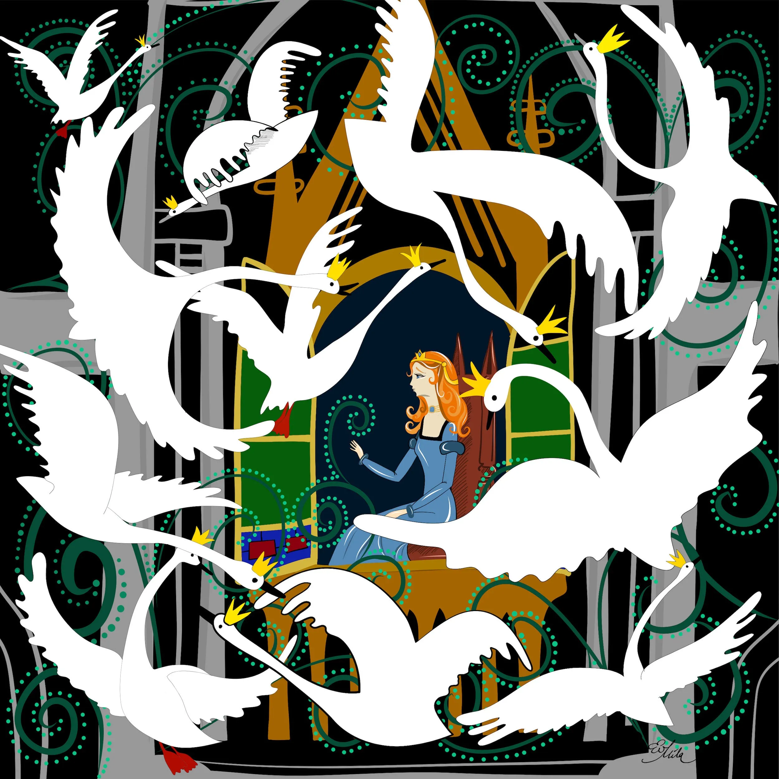 HUSH Charcoal Black/City Snow White Fairytale Silk Twill Scarf