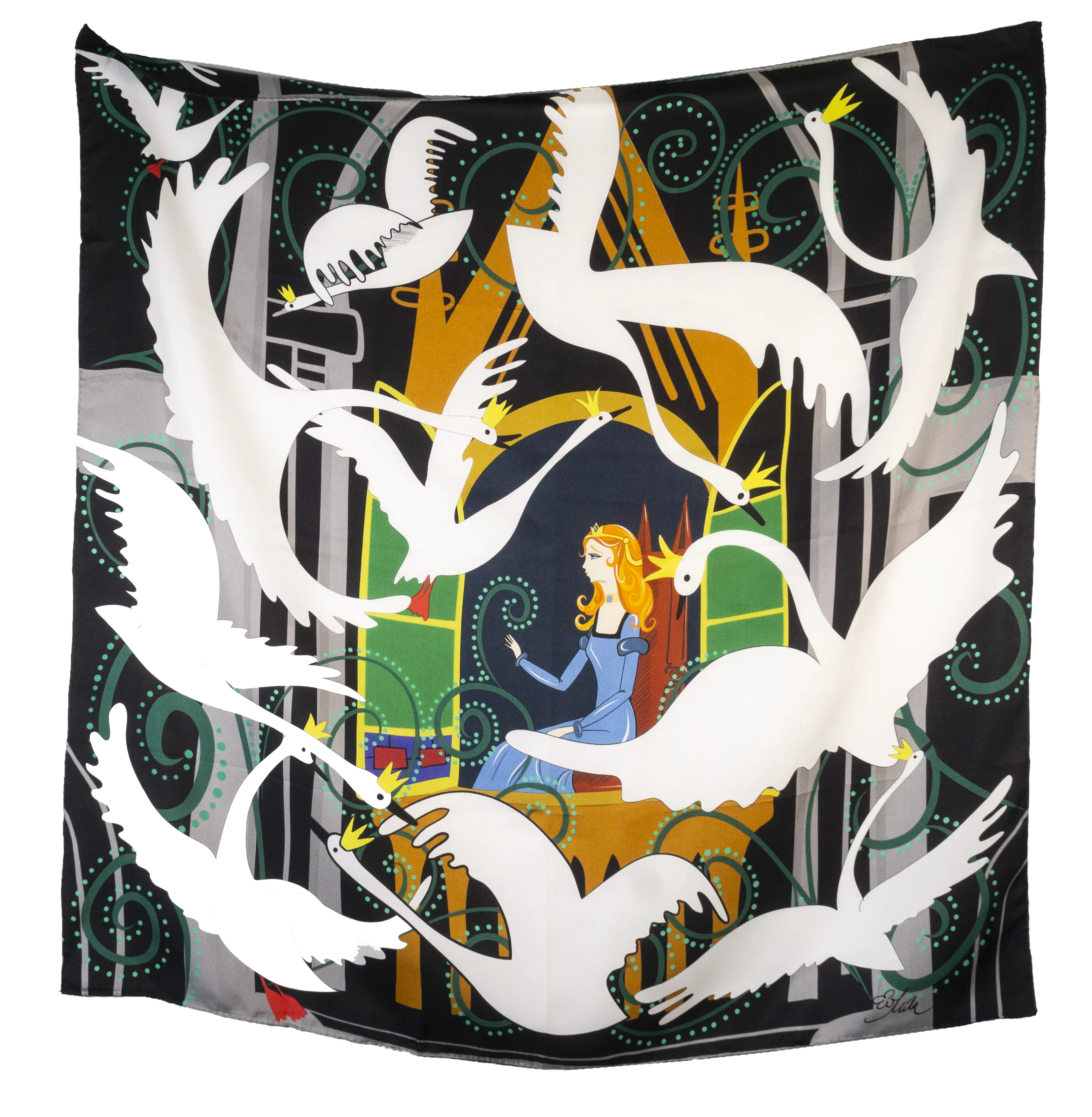 HUSH Charcoal Black/City Snow White Fairytale Silk Twill Scarf