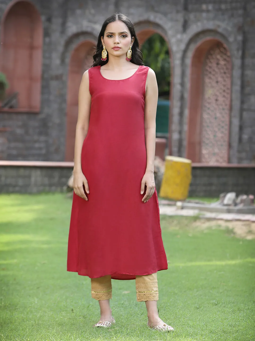 Juniper Women`s Maroon Chanderi Silk Printed Anarkali Kurta