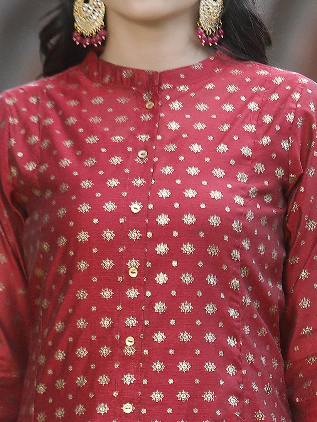 Juniper Women`s Maroon Chanderi Silk Printed Anarkali Kurta