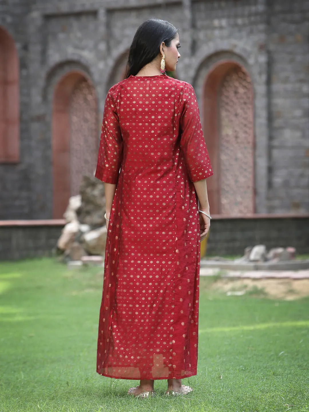 Juniper Women`s Maroon Chanderi Silk Printed Anarkali Kurta