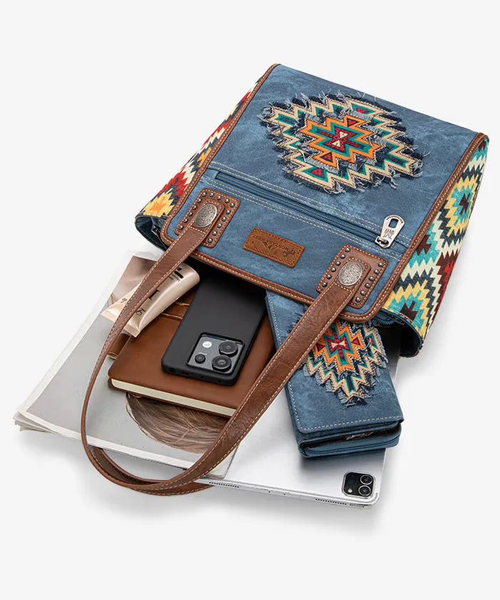 Montana West Embroidered Aztec Denim Tote Set