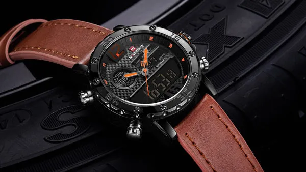 NAVIFORCE Mens Waterproof Sport Watches Leather Digital Analog Watch Luxury Casual Dual Time Wristwatch NF9134