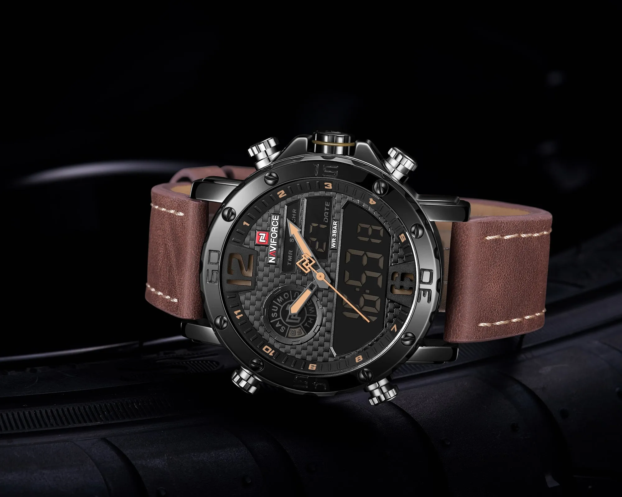 NAVIFORCE Mens Waterproof Sport Watches Leather Digital Analog Watch Luxury Casual Dual Time Wristwatch NF9134