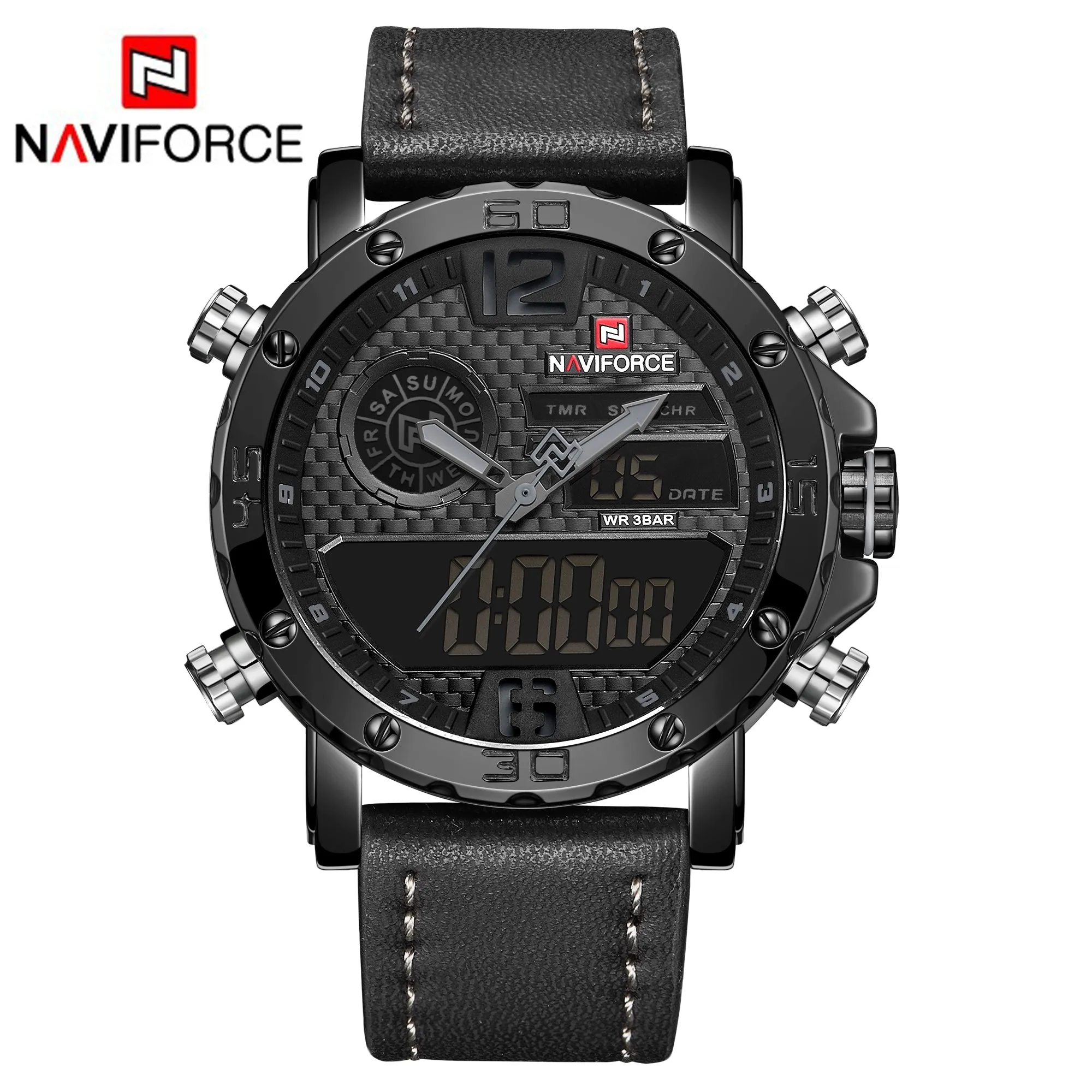 NAVIFORCE Mens Waterproof Sport Watches Leather Digital Analog Watch Luxury Casual Dual Time Wristwatch NF9134