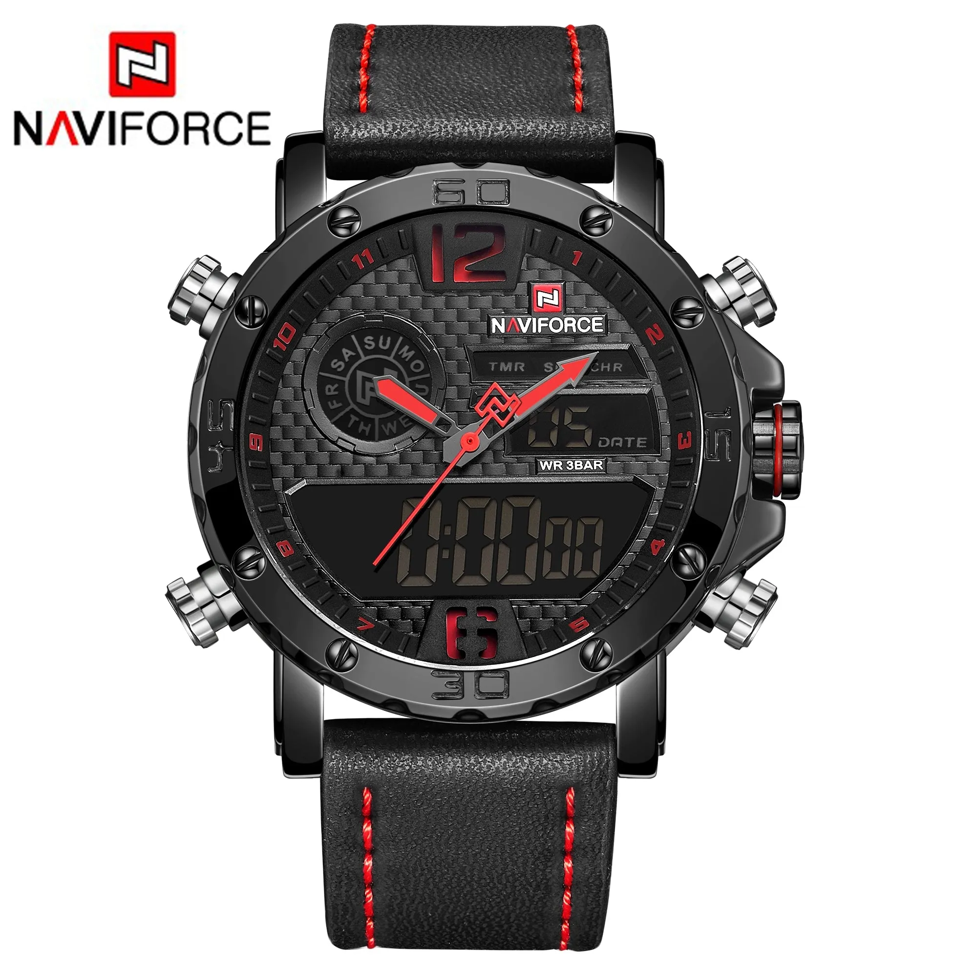 NAVIFORCE Mens Waterproof Sport Watches Leather Digital Analog Watch Luxury Casual Dual Time Wristwatch NF9134