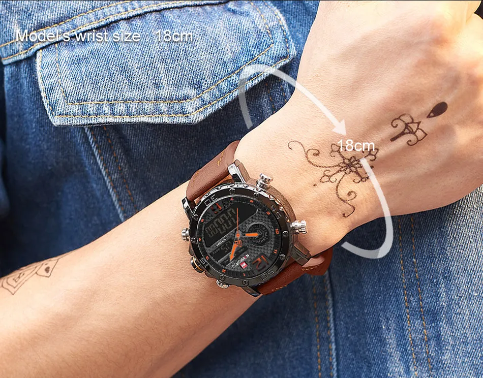 NAVIFORCE Mens Waterproof Sport Watches Leather Digital Analog Watch Luxury Casual Dual Time Wristwatch NF9134