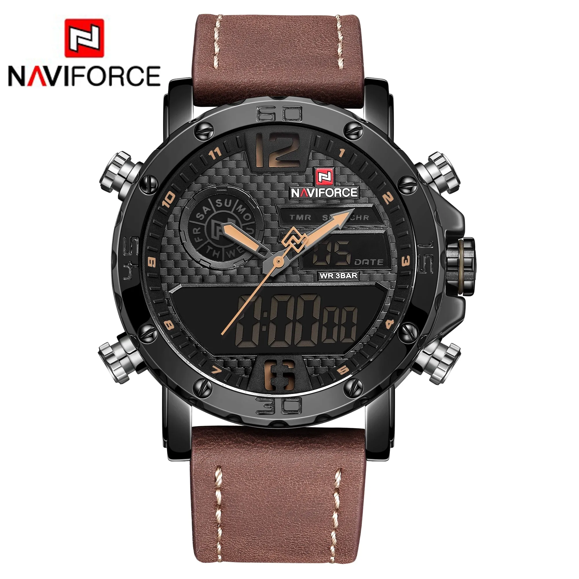 NAVIFORCE Mens Waterproof Sport Watches Leather Digital Analog Watch Luxury Casual Dual Time Wristwatch NF9134