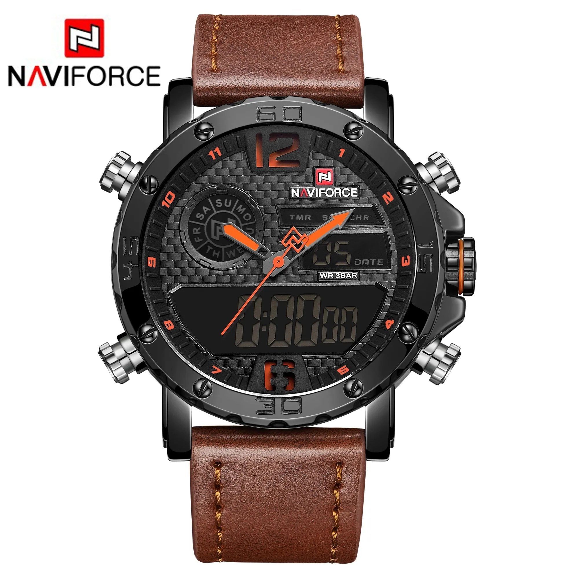 NAVIFORCE Mens Waterproof Sport Watches Leather Digital Analog Watch Luxury Casual Dual Time Wristwatch NF9134