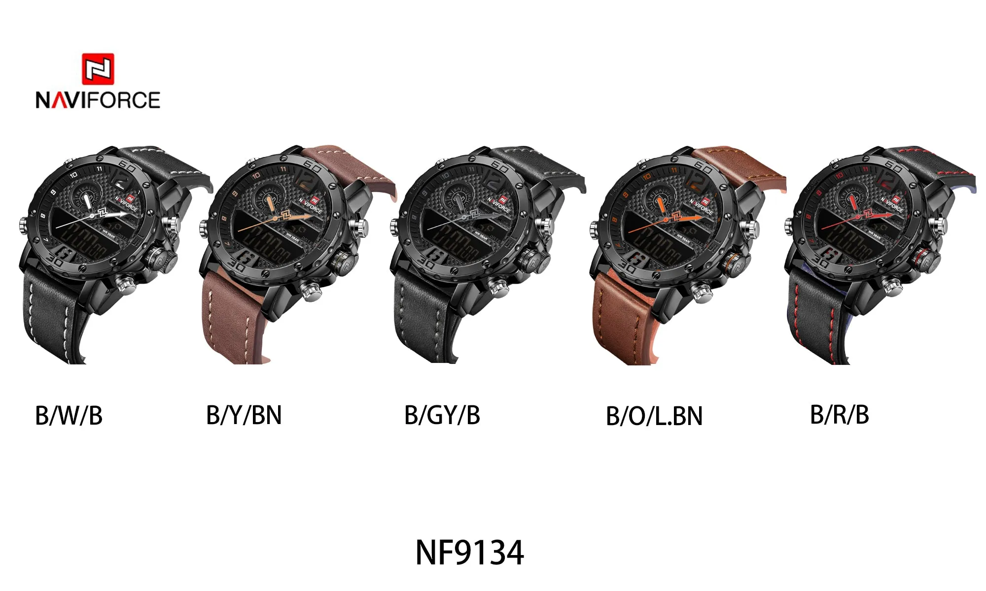 NAVIFORCE Mens Waterproof Sport Watches Leather Digital Analog Watch Luxury Casual Dual Time Wristwatch NF9134