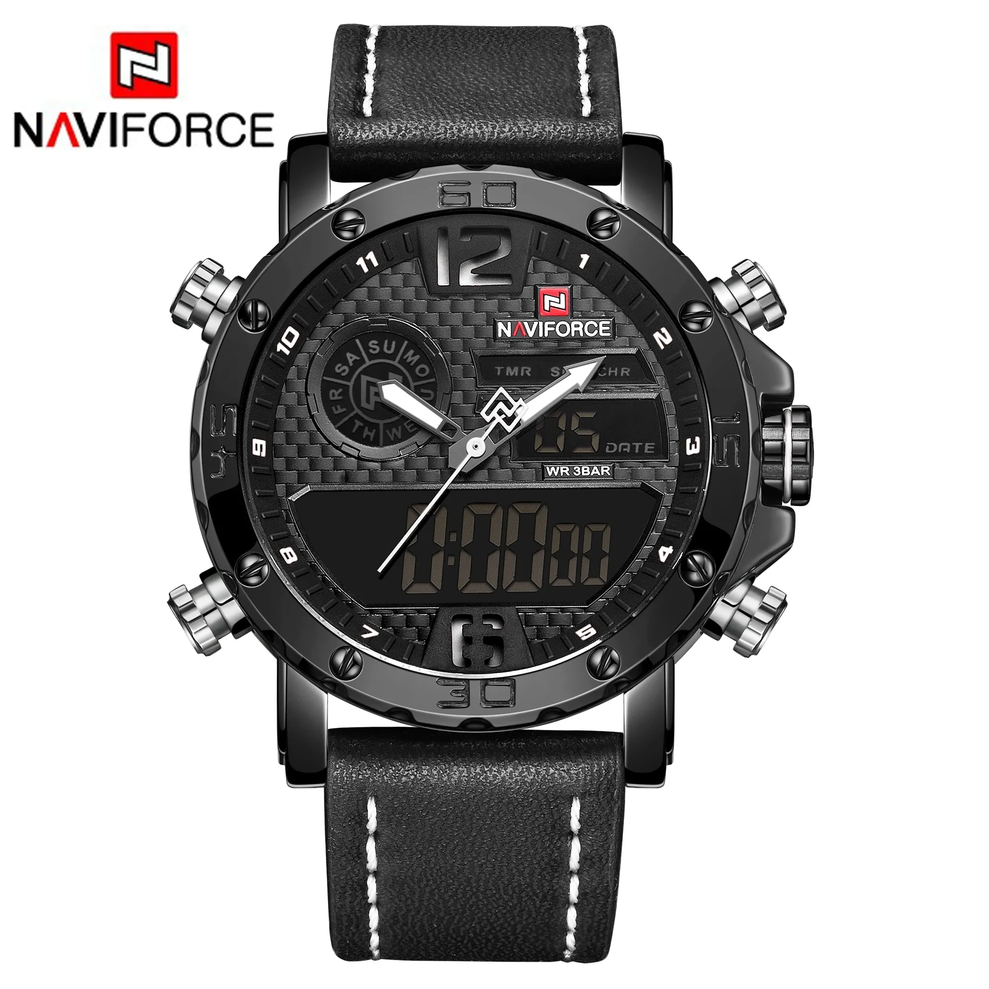 NAVIFORCE Mens Waterproof Sport Watches Leather Digital Analog Watch Luxury Casual Dual Time Wristwatch NF9134