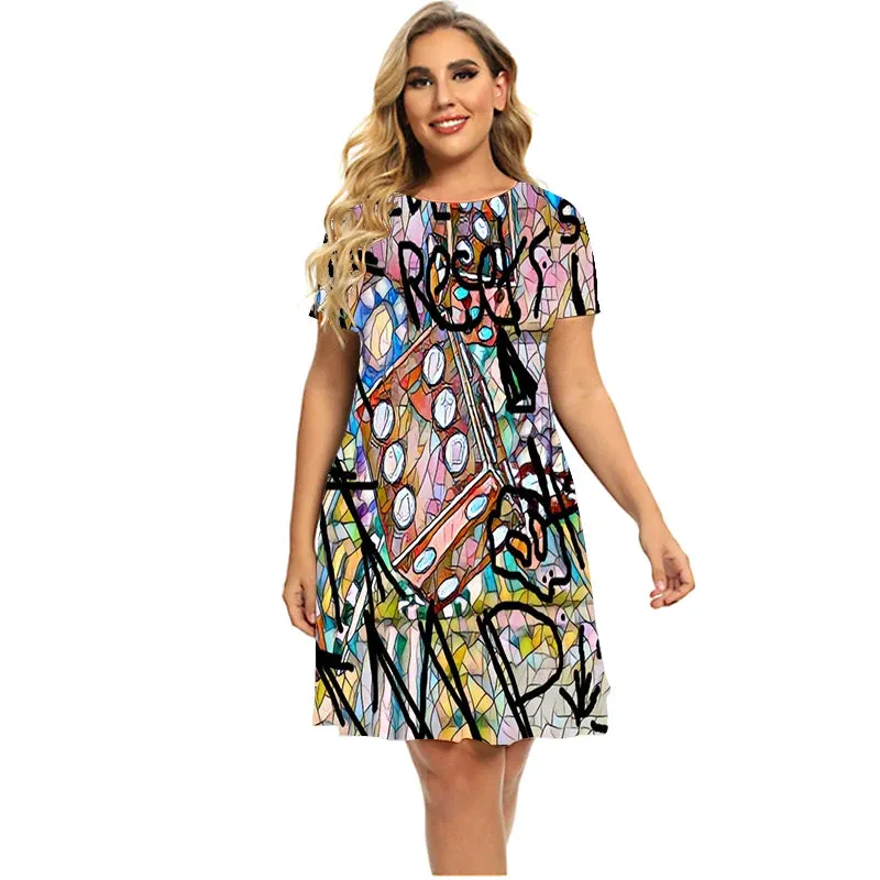 New Fashion Cute Kawaii Dresses Women Graffiti Print Hip Hop Short Sleeve Loose Casual Mini Dress Plus Size Summer Clothing 6XL