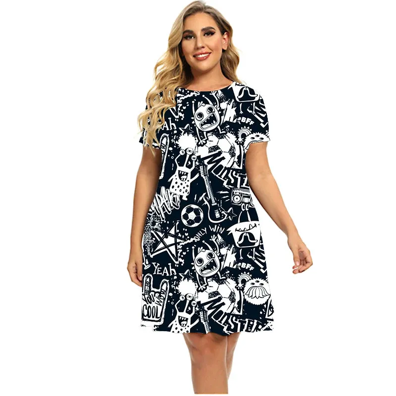 New Fashion Cute Kawaii Dresses Women Graffiti Print Hip Hop Short Sleeve Loose Casual Mini Dress Plus Size Summer Clothing 6XL