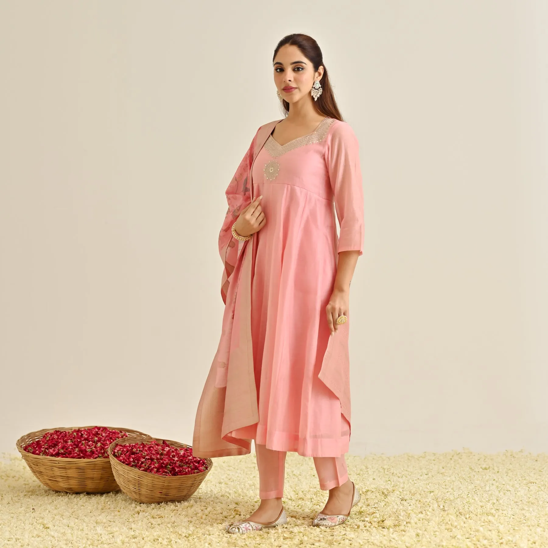 Pink Festive Anarkali Set with Brocade Dupatta