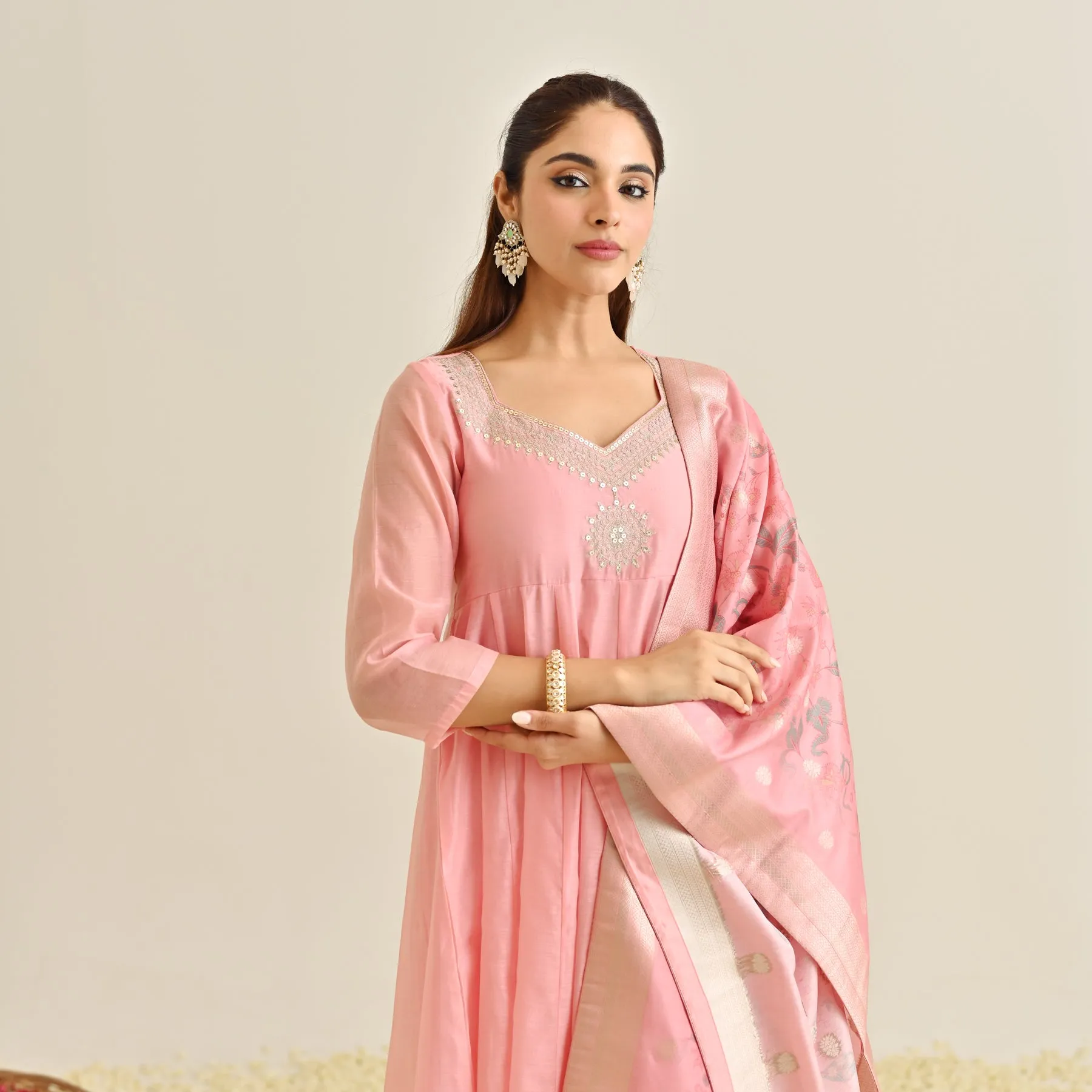Pink Festive Anarkali Set with Brocade Dupatta