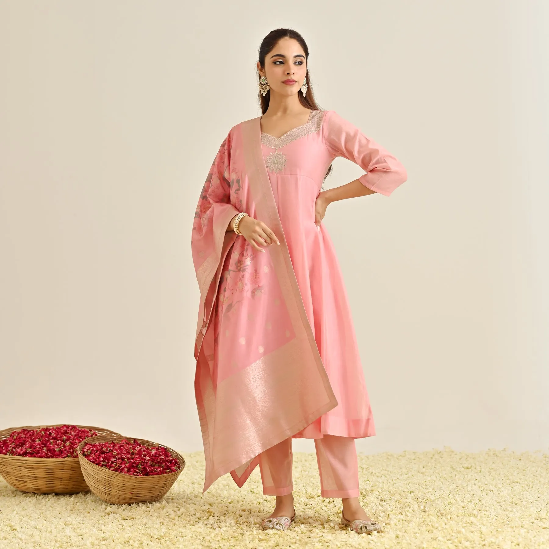 Pink Festive Anarkali Set with Brocade Dupatta