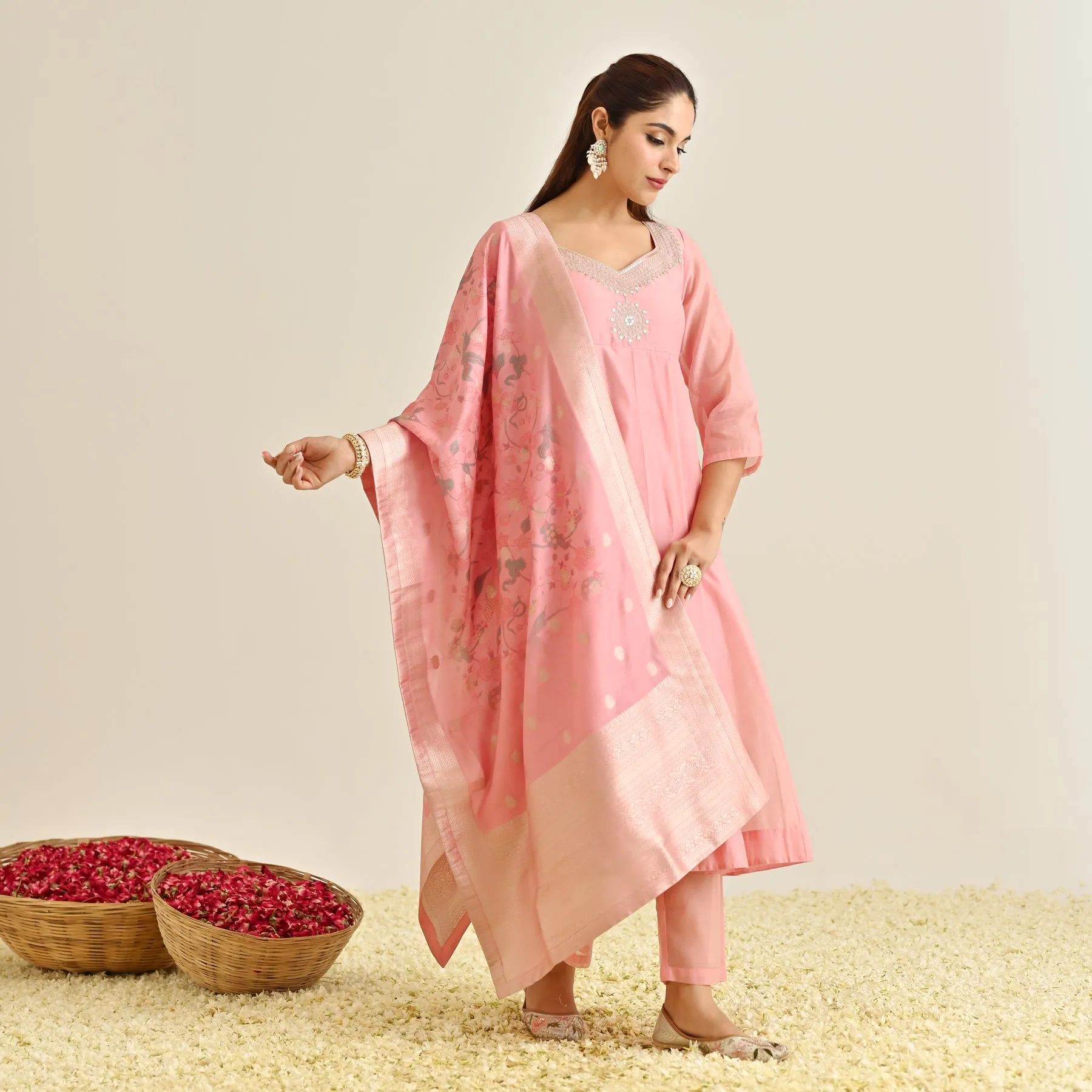 Pink Festive Anarkali Set with Brocade Dupatta
