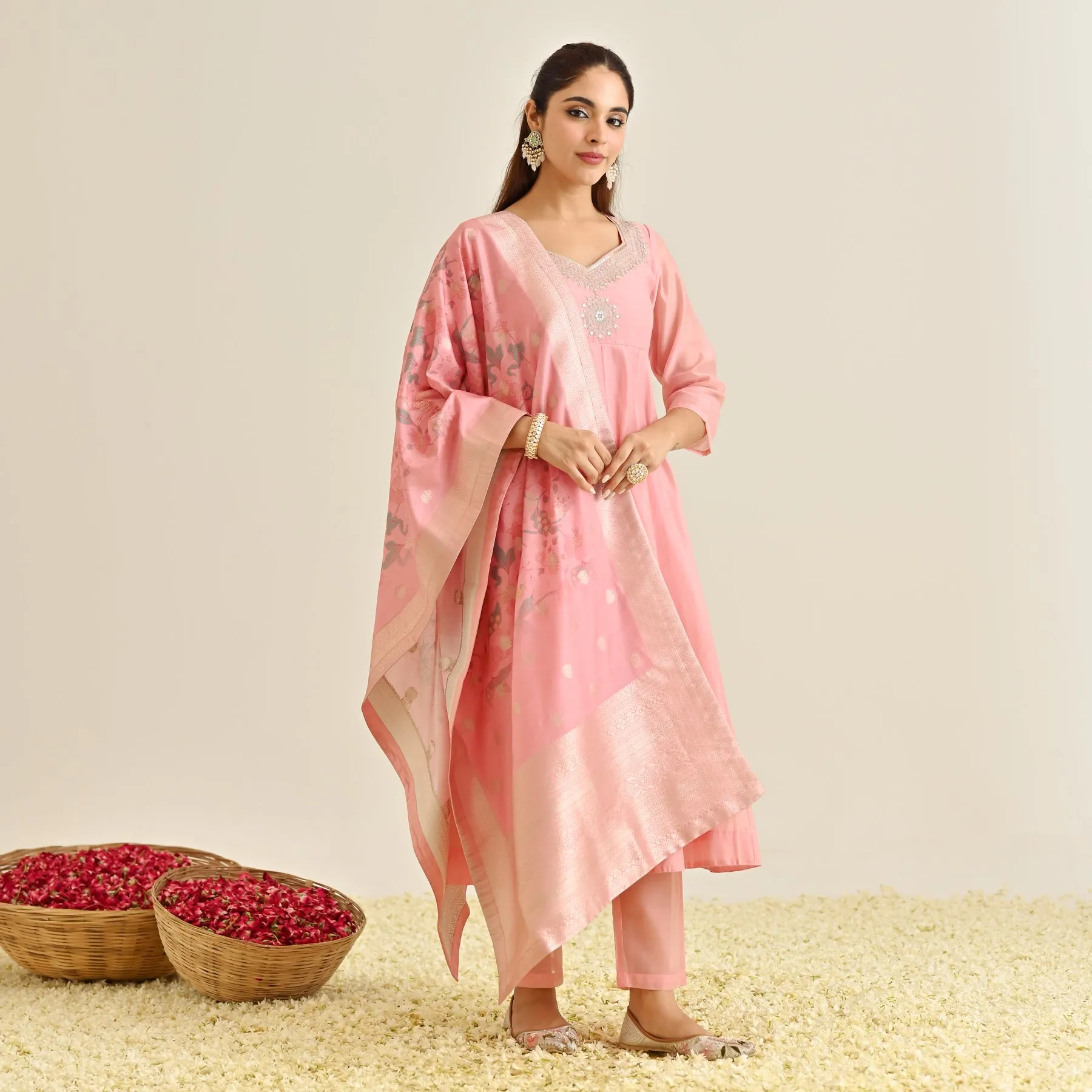 Pink Festive Anarkali Set with Brocade Dupatta