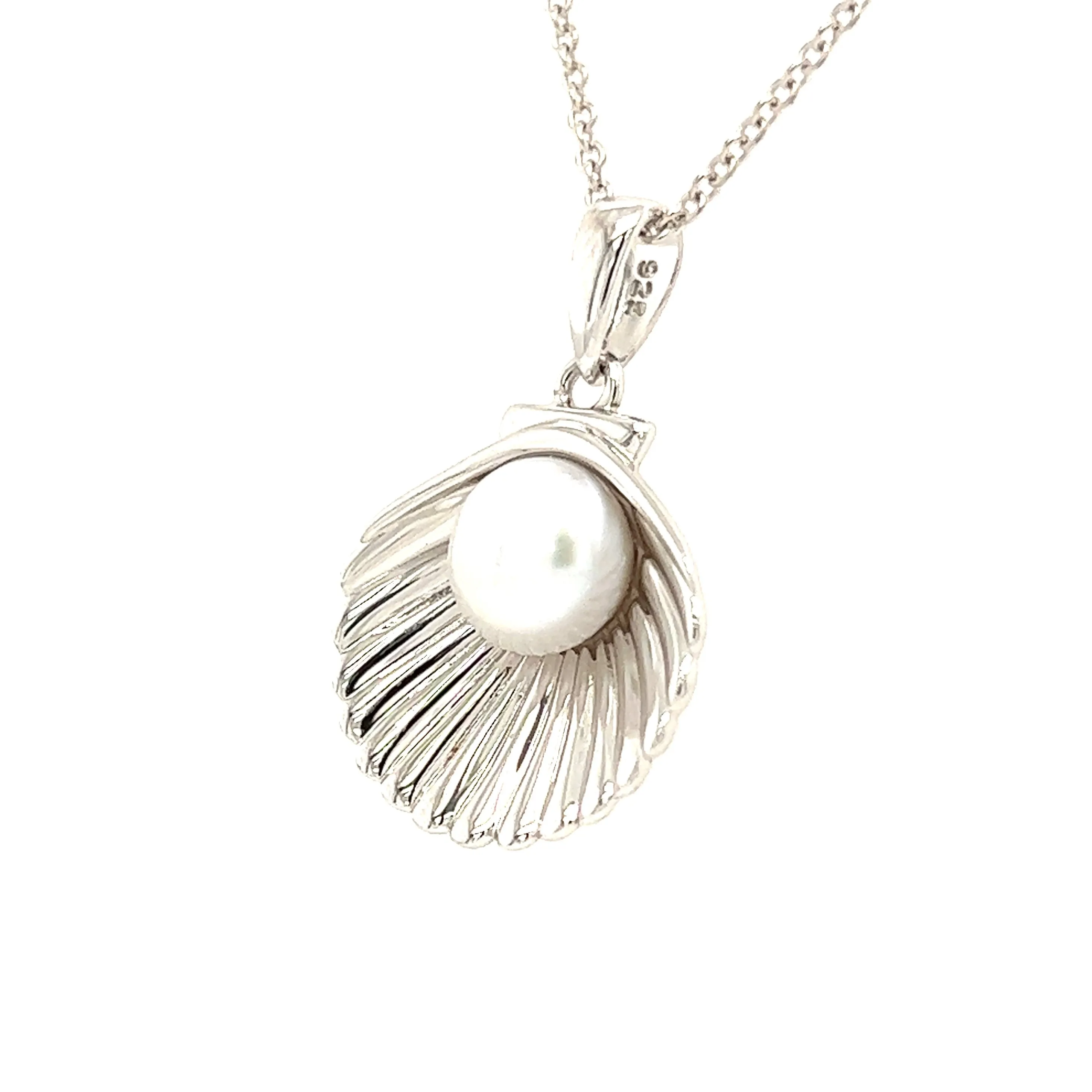 Shell Necklace with White Pearl in Sterling Silver