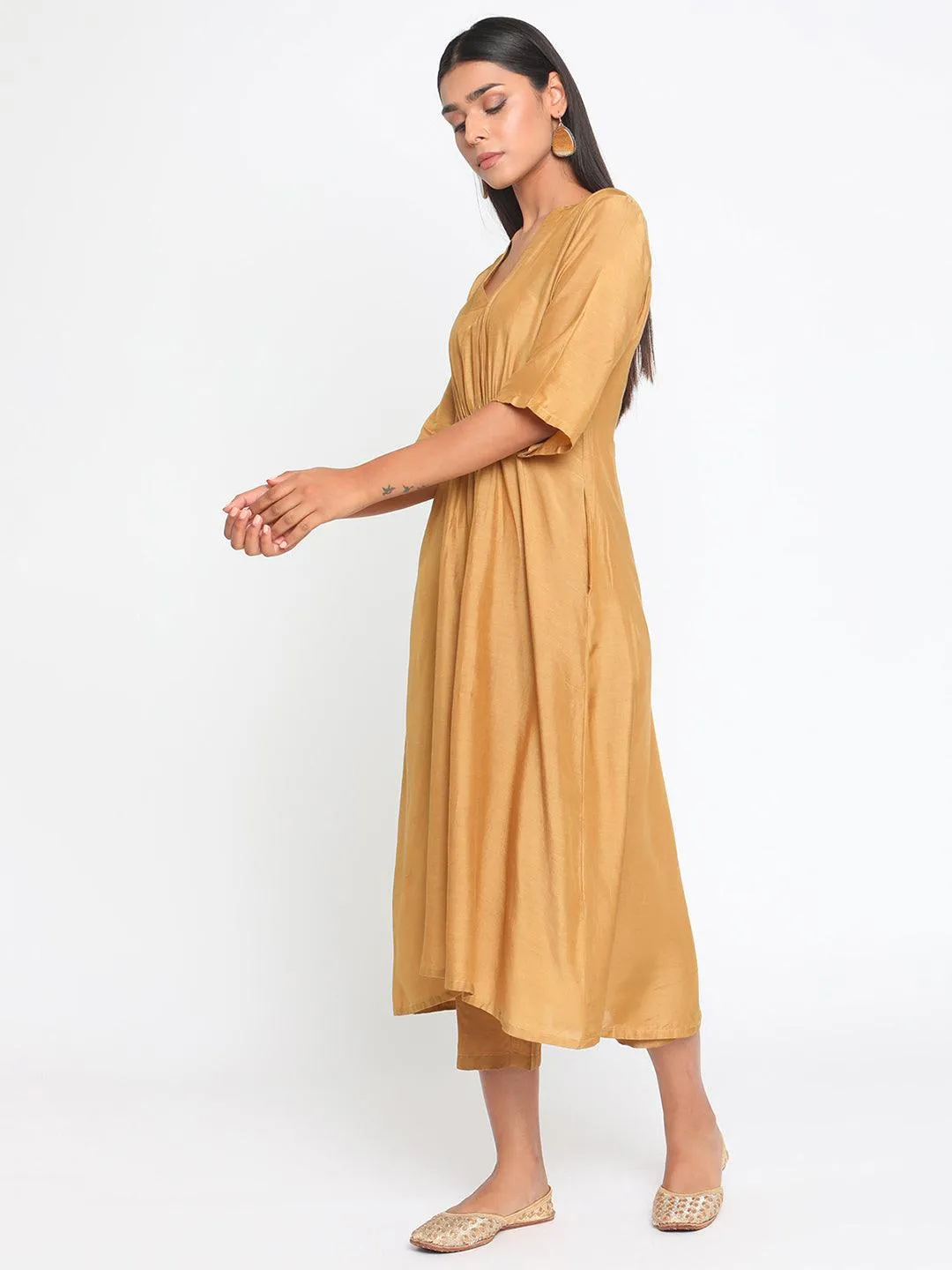 Silk Gold Flared Kurta Pant Set