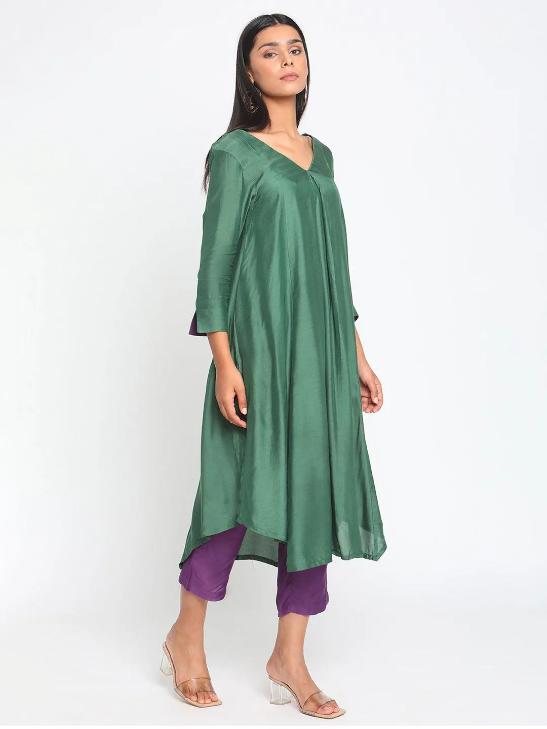Silk Green Flared Asymmetric kurta Pant Set
