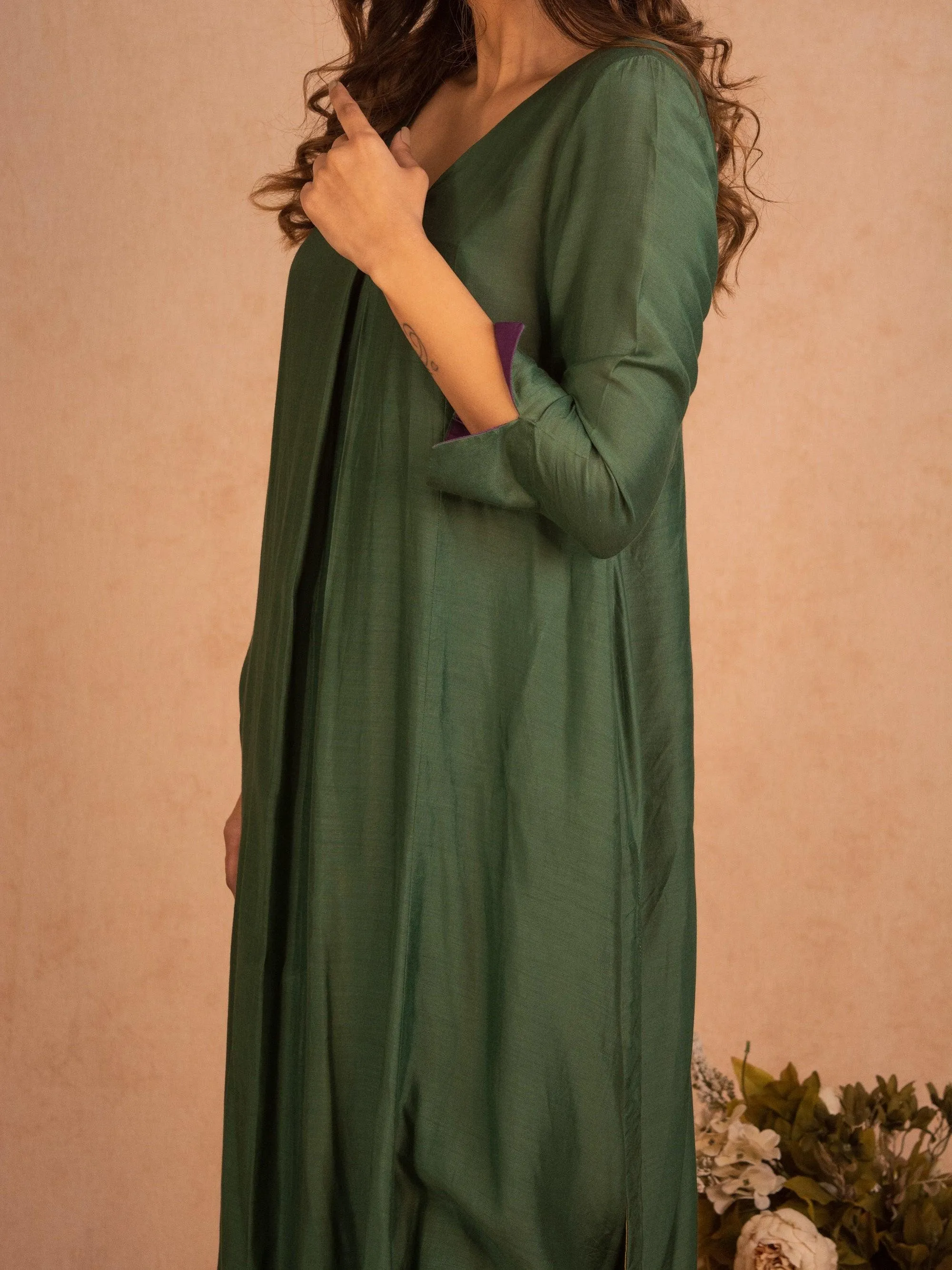 Silk Green Flared Asymmetric kurta Pant Set
