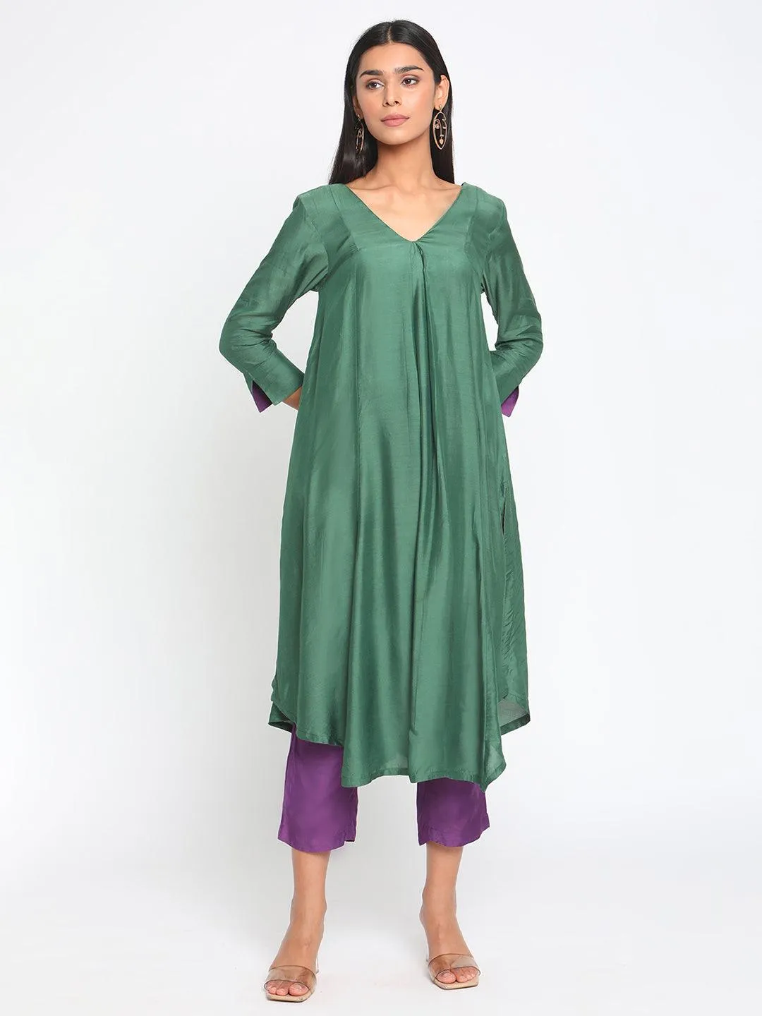 Silk Green Flared Asymmetric kurta Pant Set