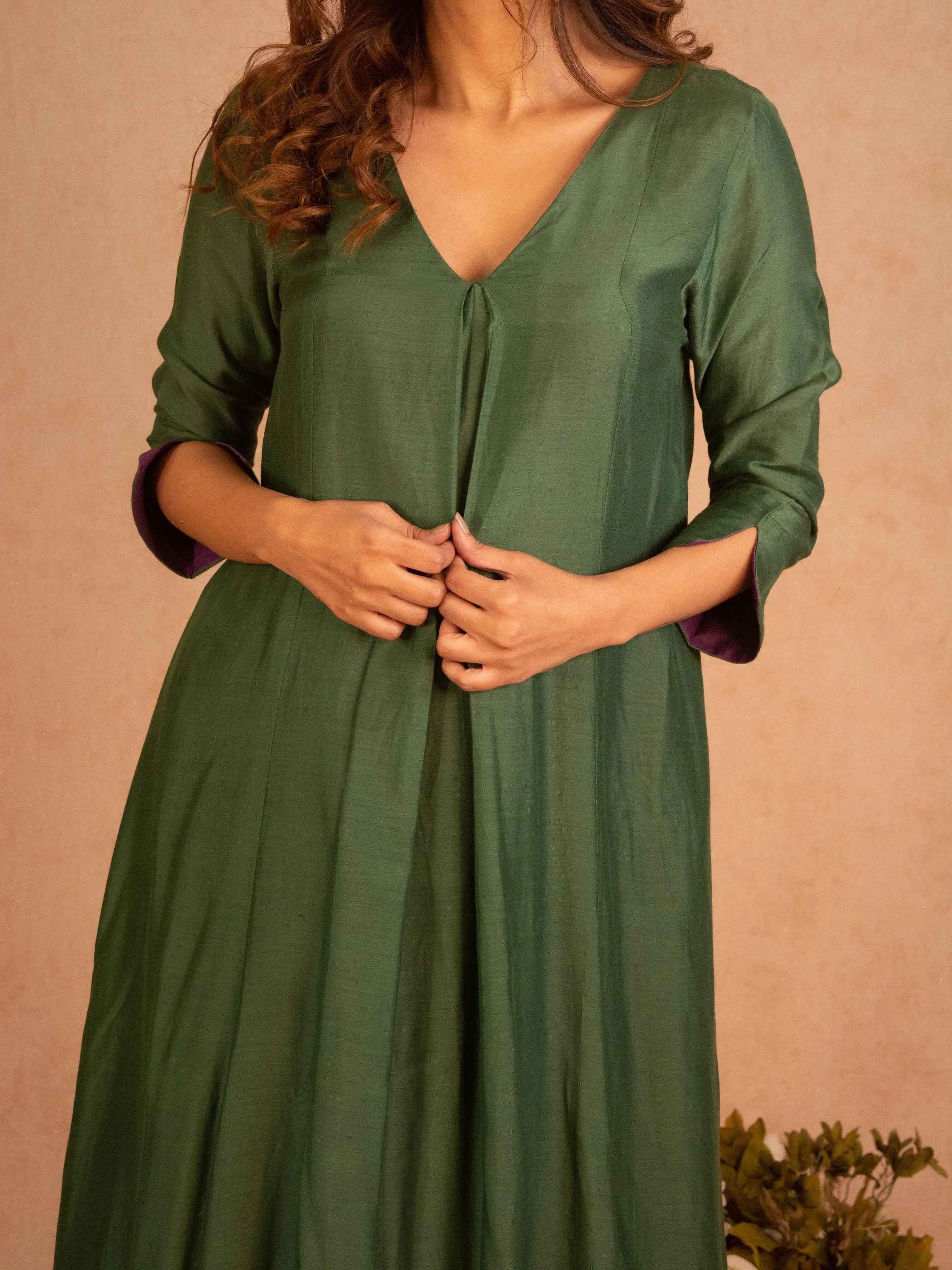 Silk Green Flared Asymmetric kurta Pant Set