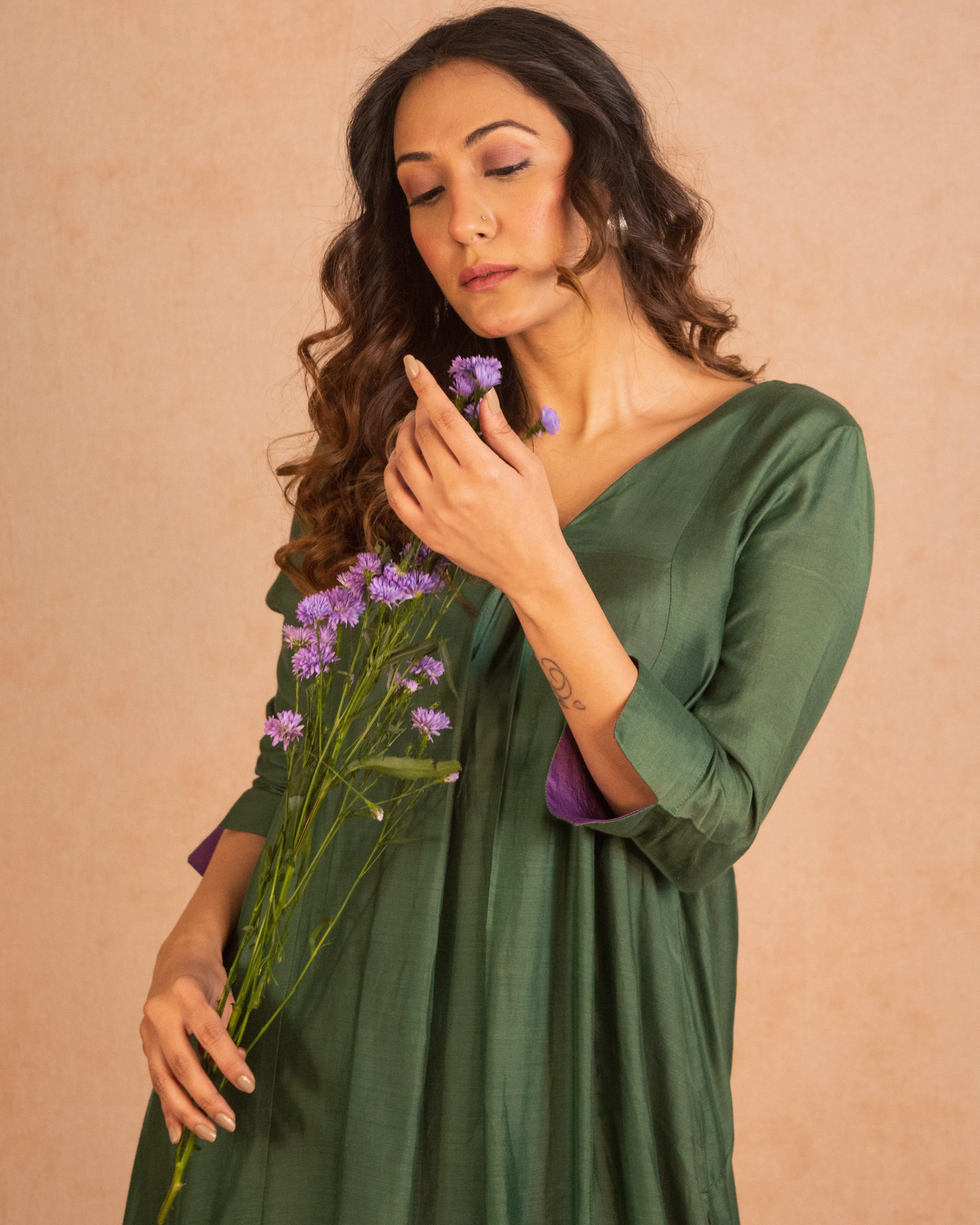 Silk Green Flared Asymmetric kurta Pant Set