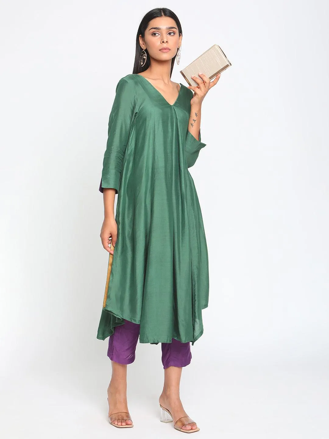 Silk Green Flared Asymmetric kurta Pant Set