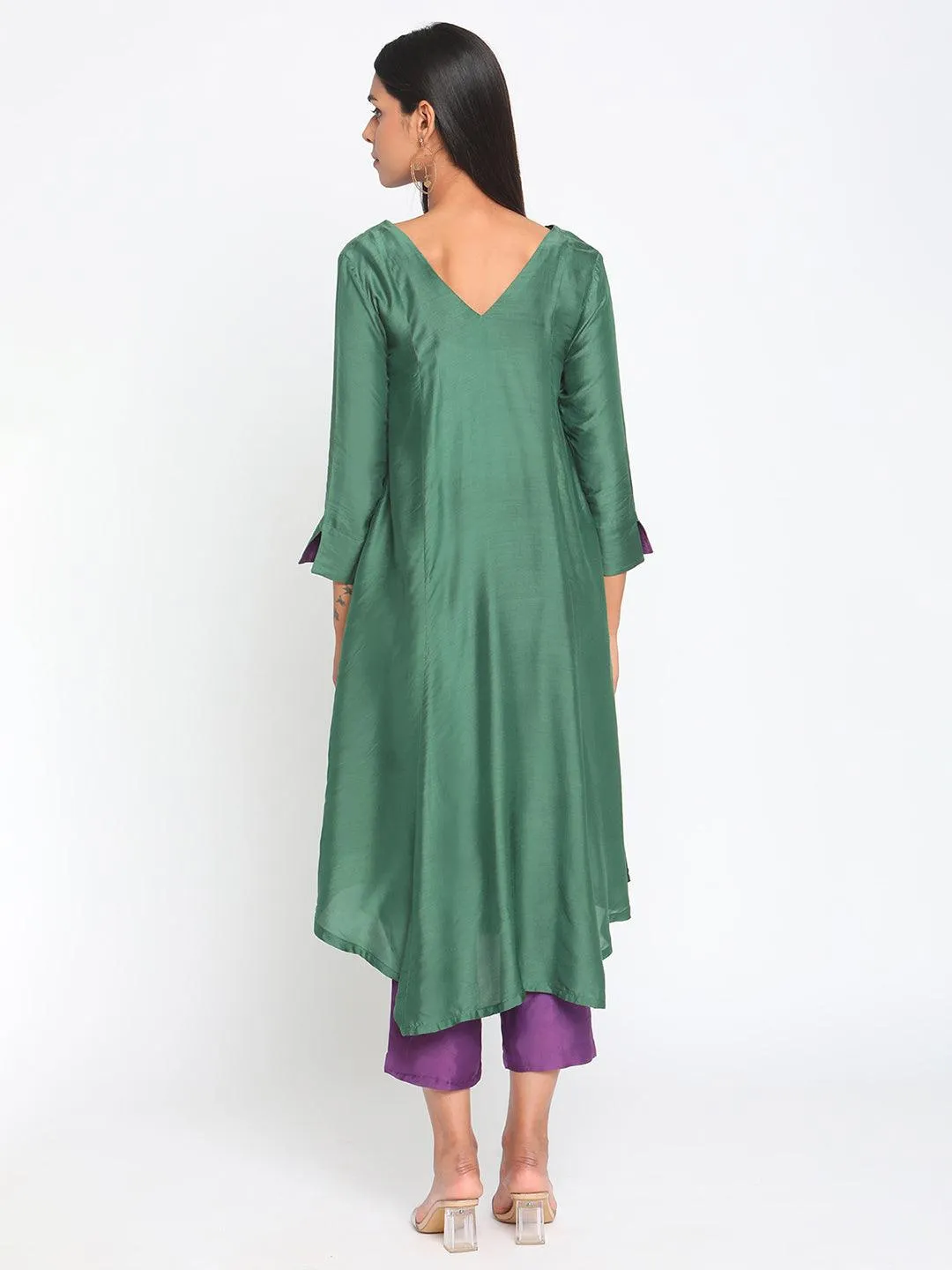 Silk Green Flared Asymmetric kurta Pant Set