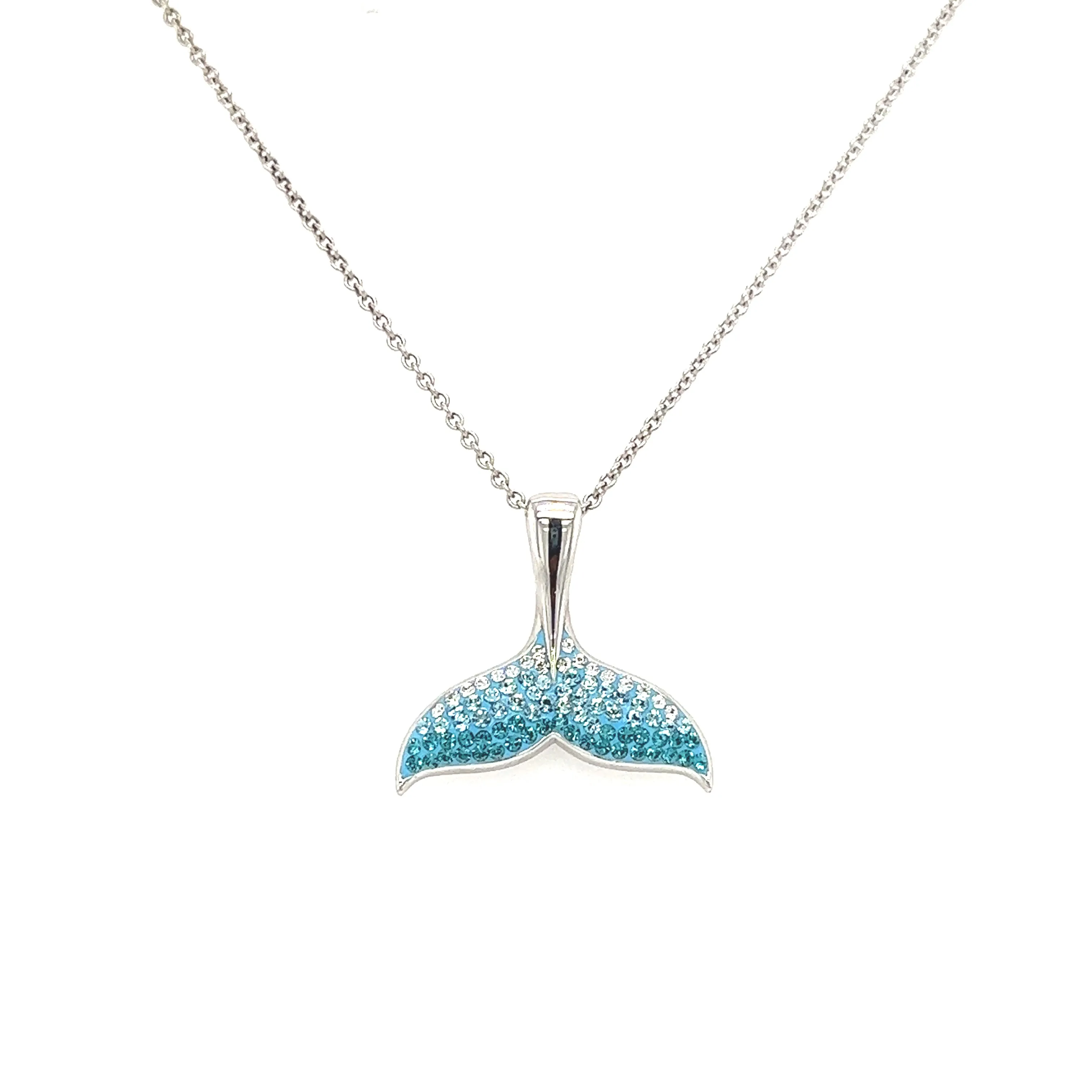 Whale Tail Necklace with Aqua Crystals in Sterling Silver